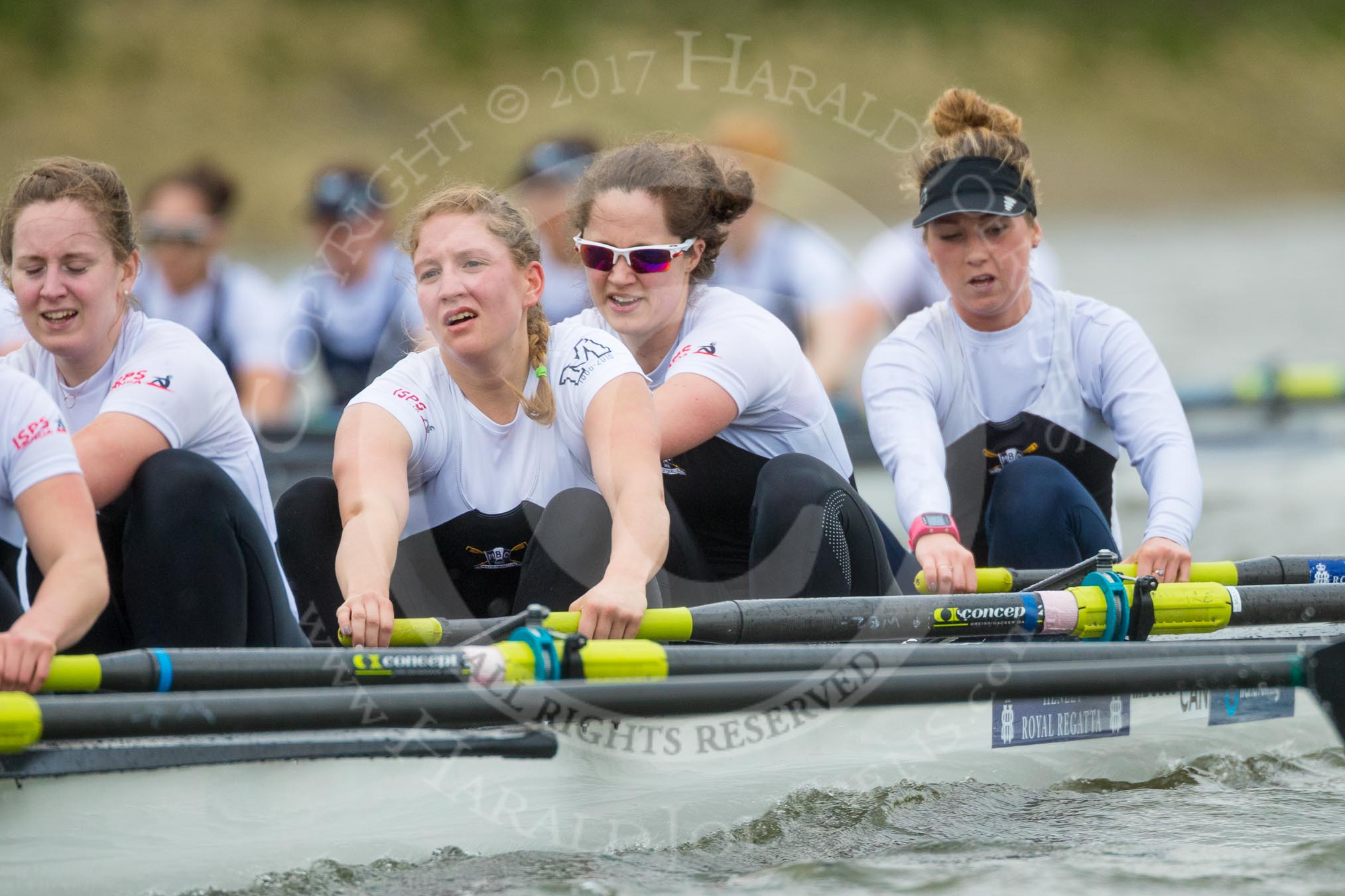 The Cancer Research UK Boat Race season 2017 - Women's Boat Race Fixture OUWBC vs Molesey BC: The Molesey Eight, a bit behind OUWBC - 4 Claire McKeown, 3 Lucy Primmer, 2 Caitlin Boyland, bow Emma McDonald.
River Thames between Putney Bridge and Mortlake,
London SW15,

United Kingdom,
on 19 March 2017 at 16:10, image #114