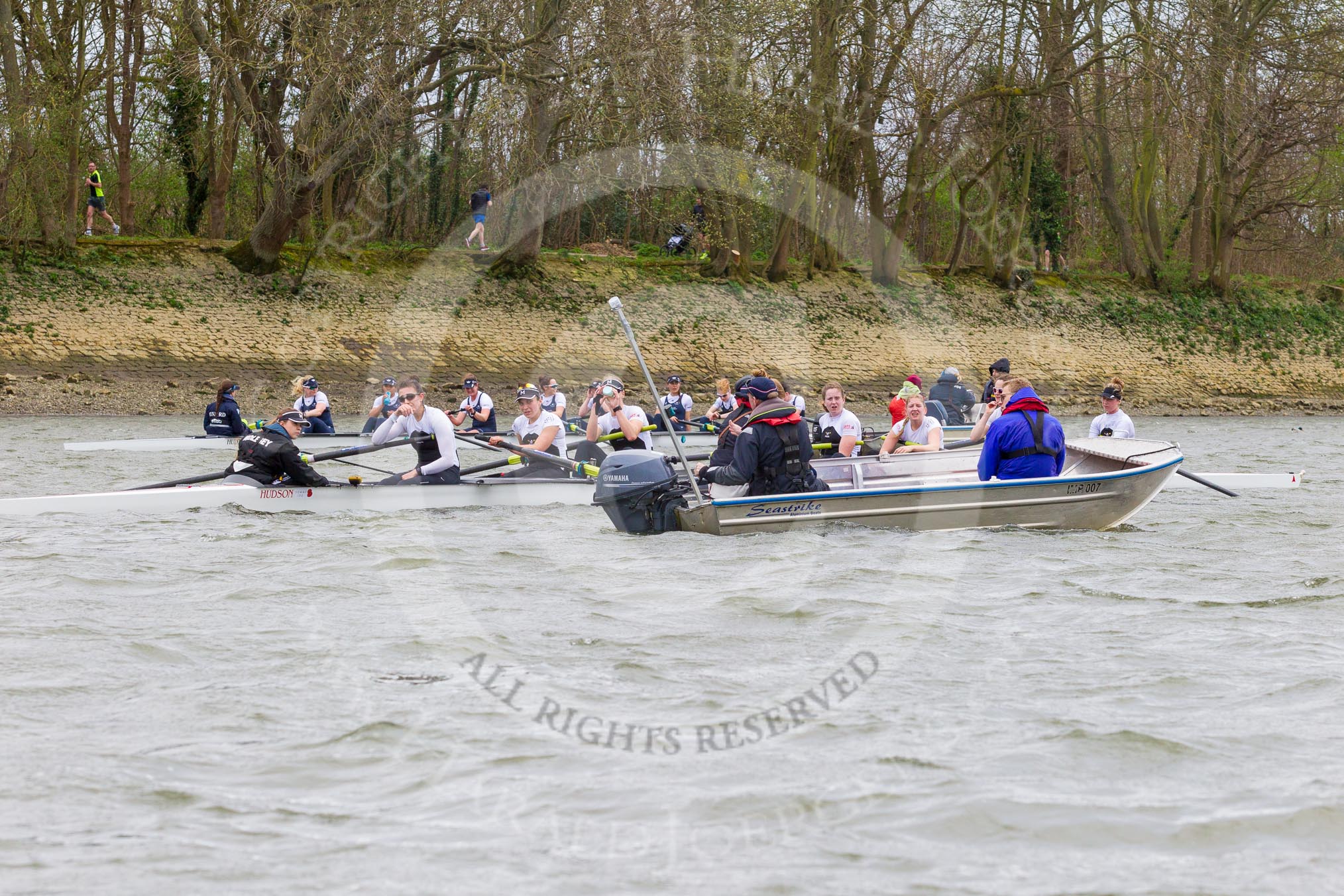 The Cancer Research UK Boat Race season 2017 - Women's Boat Race Fixture OUWBC vs Molesey BC: The fixture has two parts. After OUWBC won the first part, it's time for a short break , and advice/ supplies from the coaches in the tin boats.
River Thames between Putney Bridge and Mortlake,
London SW15,

United Kingdom,
on 19 March 2017 at 16:13, image #122