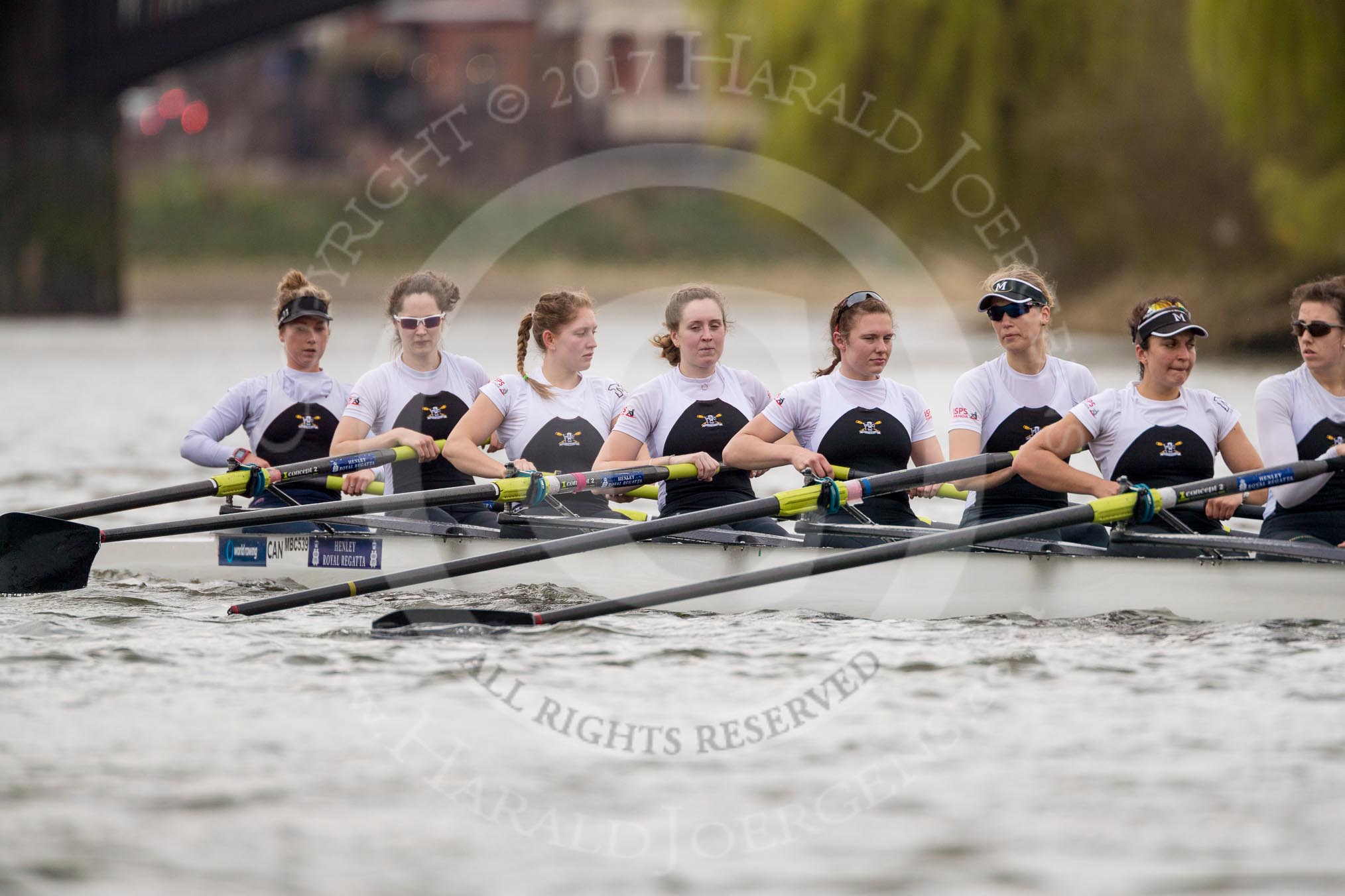 The Cancer Research UK Boat Race season 2017 - Women's Boat Race Fixture OUWBC vs Molesey BC: Molesey waiting for the second part of the fixture - bow Emma McDonald, 2 Caitlin Boyland, 3 Lucy Primmer, 4 Claire McKeown, 5 Katie Bartlett, 6 Elo Luik, 7 Gabriella Rodriguez, stroke Ruth Whyman.
River Thames between Putney Bridge and Mortlake,
London SW15,

United Kingdom,
on 19 March 2017 at 16:20, image #125