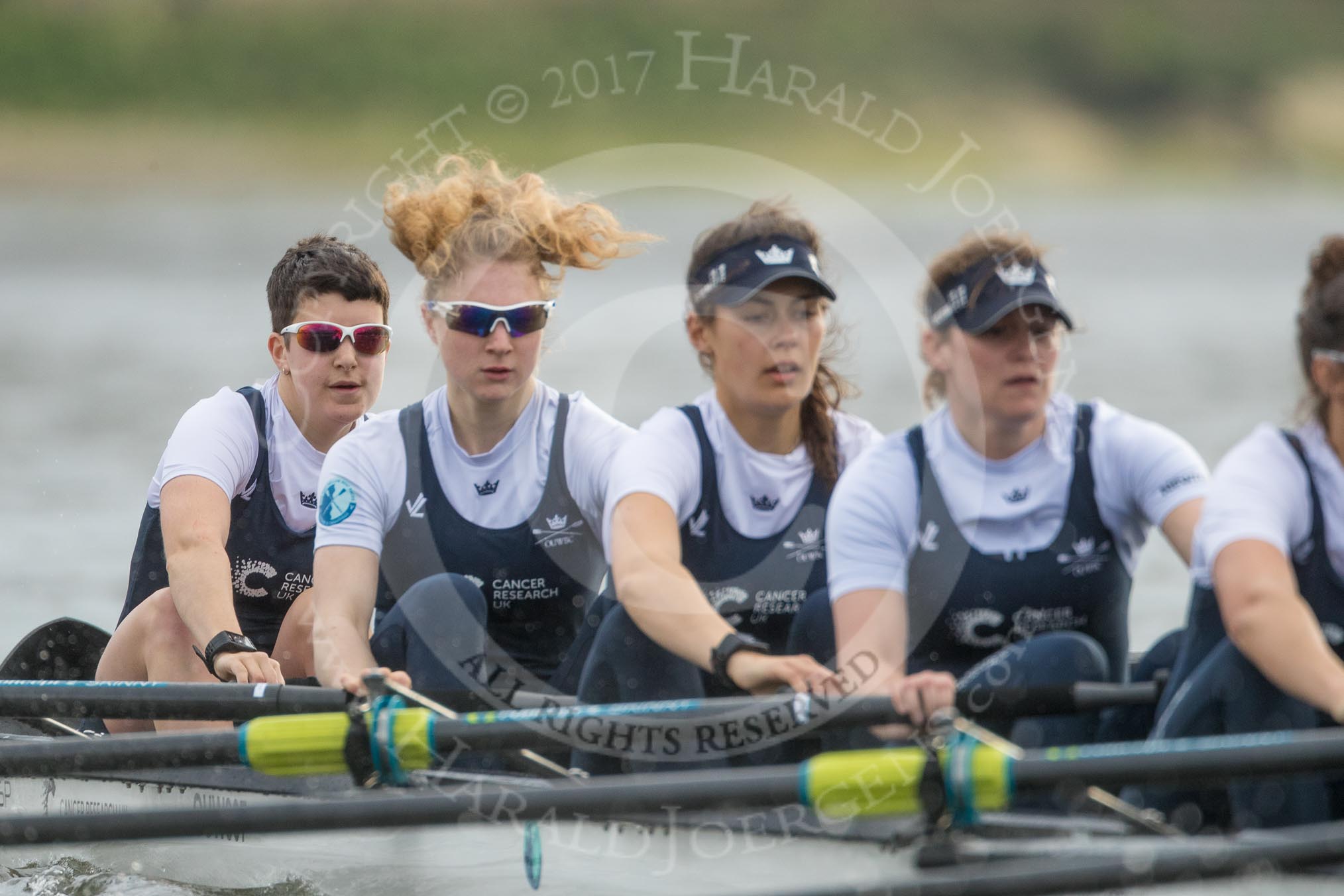 The Cancer Research UK Boat Race season 2017 - Women's Boat Race Fixture OUWBC vs Molesey BC: OUWBC in choppy waters - bow Alice Roberts, 2 Beth Bridgman, 3 Rebecca Te Water Naude, 4 Rebecca Esselstein.
River Thames between Putney Bridge and Mortlake,
London SW15,

United Kingdom,
on 19 March 2017 at 16:21, image #132