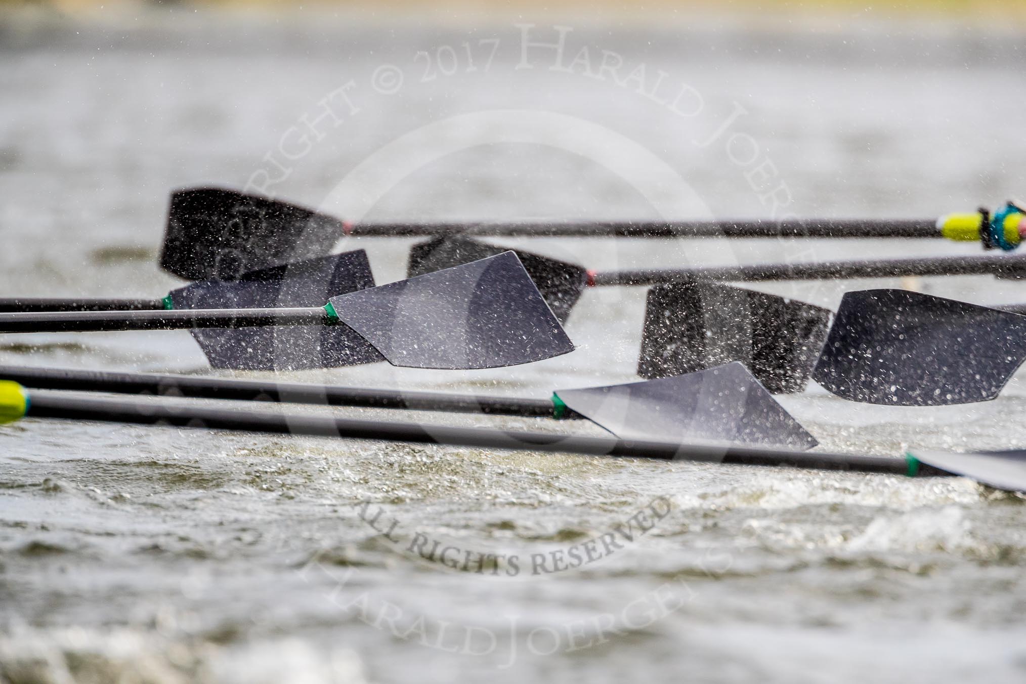 The Cancer Research UK Boat Race season 2017 - Women's Boat Race Fixture OUWBC vs Molesey BC: Molesey and OUWBC getting a bit close, with almost overlapping oars.
River Thames between Putney Bridge and Mortlake,
London SW15,

United Kingdom,
on 19 March 2017 at 16:21, image #134