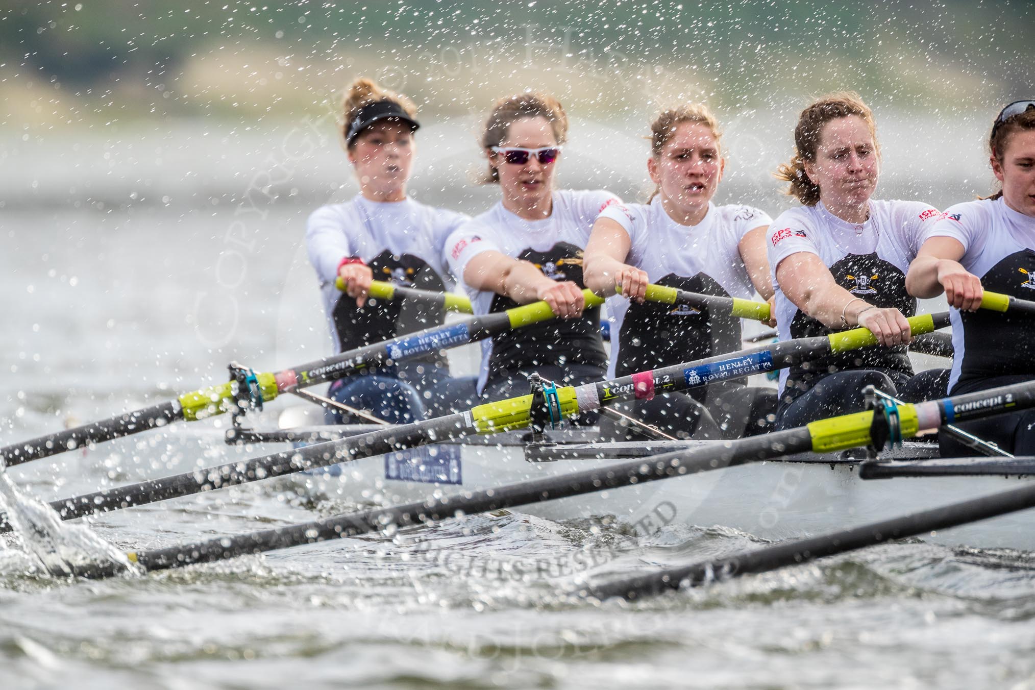The Cancer Research UK Boat Race season 2017 - Women's Boat Race Fixture OUWBC vs Molesey BC: Molesey behind spray - bow Emma McDonald, 2 Caitlin Boyland, 3 Lucy Primmer, 4 Claire McKeown, 5 Katie Bartlett.
River Thames between Putney Bridge and Mortlake,
London SW15,

United Kingdom,
on 19 March 2017 at 16:21, image #136