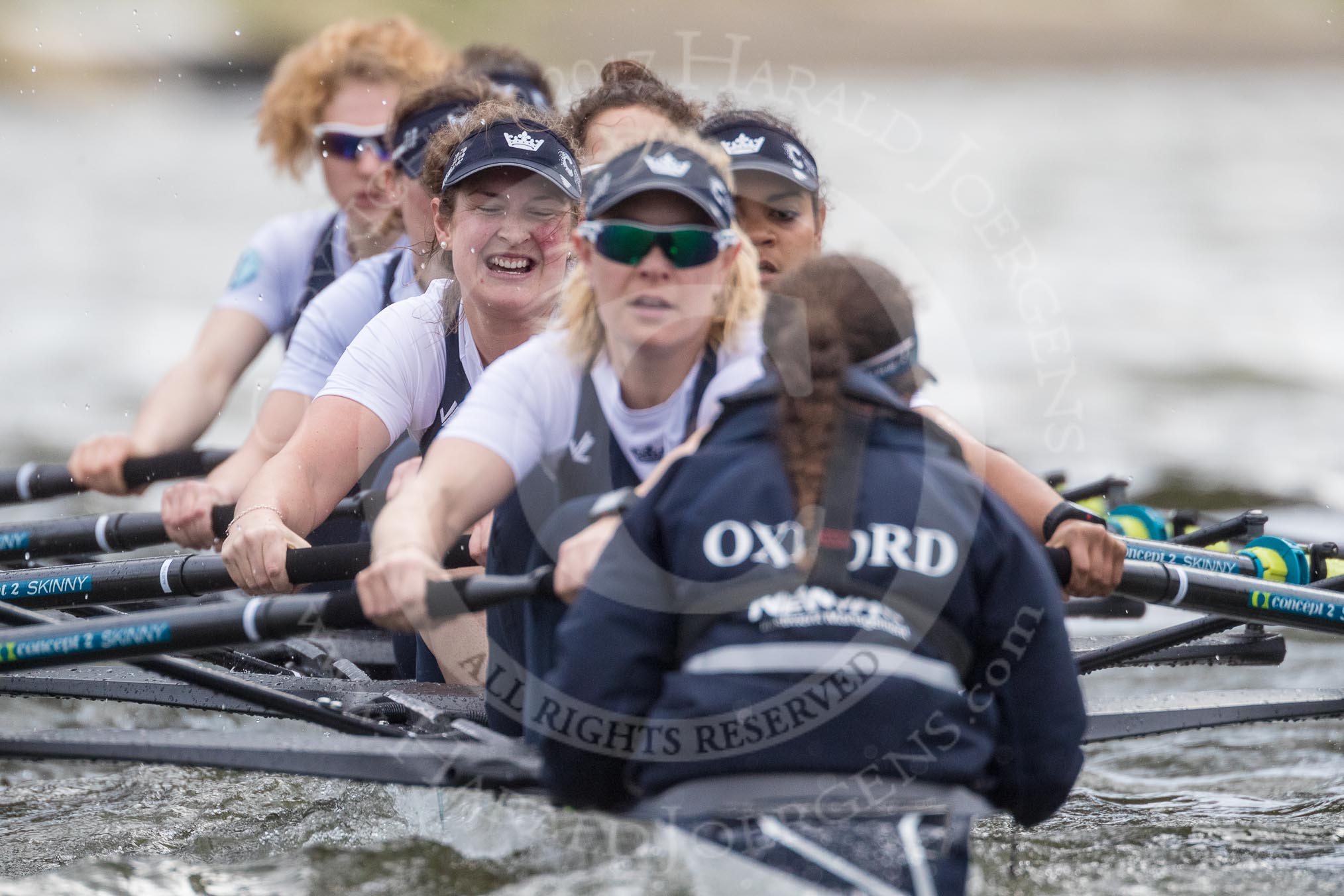 The Cancer Research UK Boat Race season 2017 - Women's Boat Race Fixture OUWBC vs Molesey BC: OUWBC passing Barnes Railway Bridge - bow Alice Roberts, 2 Beth Bridgman, 3 Rebecca Te Water Naude, 4 Rebecca Esselstein, 5 Chloe Laverack, 6 Harriet Austin, 7 Jenna Hebert, stroke Emily Cameron, cox Eleanor Shearer.
River Thames between Putney Bridge and Mortlake,
London SW15,

United Kingdom,
on 19 March 2017 at 16:22, image #141