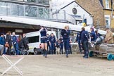 The Cancer Research UK Boat Race season 2017 - Women's Boat Race Fixture OUWBC vs Molesey BC: OUWBC carrying their boat from the boathouse to the river.
River Thames between Putney Bridge and Mortlake,
London SW15,

United Kingdom,
on 19 March 2017 at 15:16, image #2