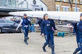 The Cancer Research UK Boat Race season 2017 - Women's Boat Race Fixture OUWBC vs Molesey BC: OUWBC carrying their boat from the boathouse to the river, on the left 5 seat Chloe Laverack, and 7 seat Jenna Hebert.
River Thames between Putney Bridge and Mortlake,
London SW15,

United Kingdom,
on 19 March 2017 at 15:17, image #4