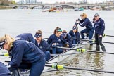 The Cancer Research UK Boat Race season 2017 - Women's Boat Race Fixture OUWBC vs Molesey BC: OUWBC ready to set off - S Emily Cameron, 7 Jenna Hebert, 6 Harriet Austin, 5 Chloe Laverack,  4 Rebecca Esselstein,  3 Rebecca Te Water Naude, 2 Beth Bridgman, B Alice Roberts, and on the right head coach Ali Williams.
River Thames between Putney Bridge and Mortlake,
London SW15,

United Kingdom,
on 19 March 2017 at 15:19, image #9