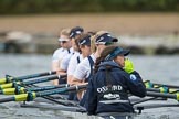 The Cancer Research UK Boat Race season 2017 - Women's Boat Race Fixture OUWBC vs Molesey BC: The OUWBC boat before the start of the race - bow Alice Roberts, 2 Beth Bridgman, 3 Rebecca Te Water Naude, 4 Rebecca Esselstein, 5 Chloe Laverack, 6 Harriet Austin, 7 Jenna Hebert, stroke Emily Cameron, cox Eleanor Shearer.
River Thames between Putney Bridge and Mortlake,
London SW15,

United Kingdom,
on 19 March 2017 at 15:55, image #38