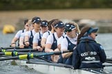 The Cancer Research UK Boat Race season 2017 - Women's Boat Race Fixture OUWBC vs Molesey BC: The OUWBC boat before the start of the race - bow Alice Roberts, 2 Beth Bridgman, 3 Rebecca Te Water Naude, 4 Rebecca Esselstein, 5 Chloe Laverack, 6 Harriet Austin, 7 Jenna Hebert, stroke Emily Cameron, cox Eleanor Shearer.
River Thames between Putney Bridge and Mortlake,
London SW15,

United Kingdom,
on 19 March 2017 at 15:55, image #39