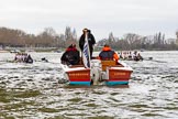The Cancer Research UK Boat Race season 2017 - Women's Boat Race Fixture OUWBC vs Molesey BC: Moments before the start of the fixture, with OUWBC on the Surrey- and Molesey on the Middlesex side in front of the umpire's launch.
River Thames between Putney Bridge and Mortlake,
London SW15,

United Kingdom,
on 19 March 2017 at 15:58, image #40