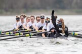 The Cancer Research UK Boat Race season 2017 - Women's Boat Race Fixture OUWBC vs Molesey BC: Molesey getting ready for the start of the fixture - bow Emma McDonald, 2 Caitlin Boyland, 3 Lucy Primmer, 4 Claire McKeown, 5 Katie Bartlett, 6 Elo Luik, 7 Gabriella Rodriguez, stroke Ruth Whyman, cox Anna Corderoy.
River Thames between Putney Bridge and Mortlake,
London SW15,

United Kingdom,
on 19 March 2017 at 15:59, image #42