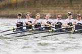 The Cancer Research UK Boat Race season 2017 - Women's Boat Race Fixture OUWBC vs Molesey BC: Molesey at the start of the race - bow Emma McDonald, 2 Caitlin Boyland, 3 Lucy Primmer, 4 Claire McKeown, 5 Katie Bartlett, 6 Elo Luik, 7 Gabriella Rodriguez,  stroke Ruth Whyman, cox Anna Corderoy.
River Thames between Putney Bridge and Mortlake,
London SW15,

United Kingdom,
on 19 March 2017 at 16:00, image #45