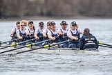 The Cancer Research UK Boat Race season 2017 - Women's Boat Race Fixture OUWBC vs Molesey BC: OUWBC in the early phase of the race - bow Alice Roberts, 2 Beth Bridgman, 3 Rebecca Te Water Naude, 4 Rebecca Esselstein, 5 Chloe Laverack, 6 Harriet Austin, 7 Jenna Hebert, stroke Emily Cameron, cox Eleanor Shearer.
River Thames between Putney Bridge and Mortlake,
London SW15,

United Kingdom,
on 19 March 2017 at 16:02, image #56