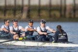 The Cancer Research UK Boat Race season 2017 - Women's Boat Race Fixture OUWBC vs Molesey BC: The OUWBC boat - here 5 Chloe Laverack, 6 Harriet Austin, 7 Jenna Hebert, stroke Emily Cameron, cox Eleanor Shearer.
River Thames between Putney Bridge and Mortlake,
London SW15,

United Kingdom,
on 19 March 2017 at 16:05, image #85