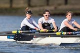 The Cancer Research UK Boat Race season 2017 - Women's Boat Race Fixture OUWBC vs Molesey BC: The Molesey boat, here bow Emma McDonald, 2 Caitlin Boyland, 3 Lucy Primmer.
River Thames between Putney Bridge and Mortlake,
London SW15,

United Kingdom,
on 19 March 2017 at 16:05, image #87
