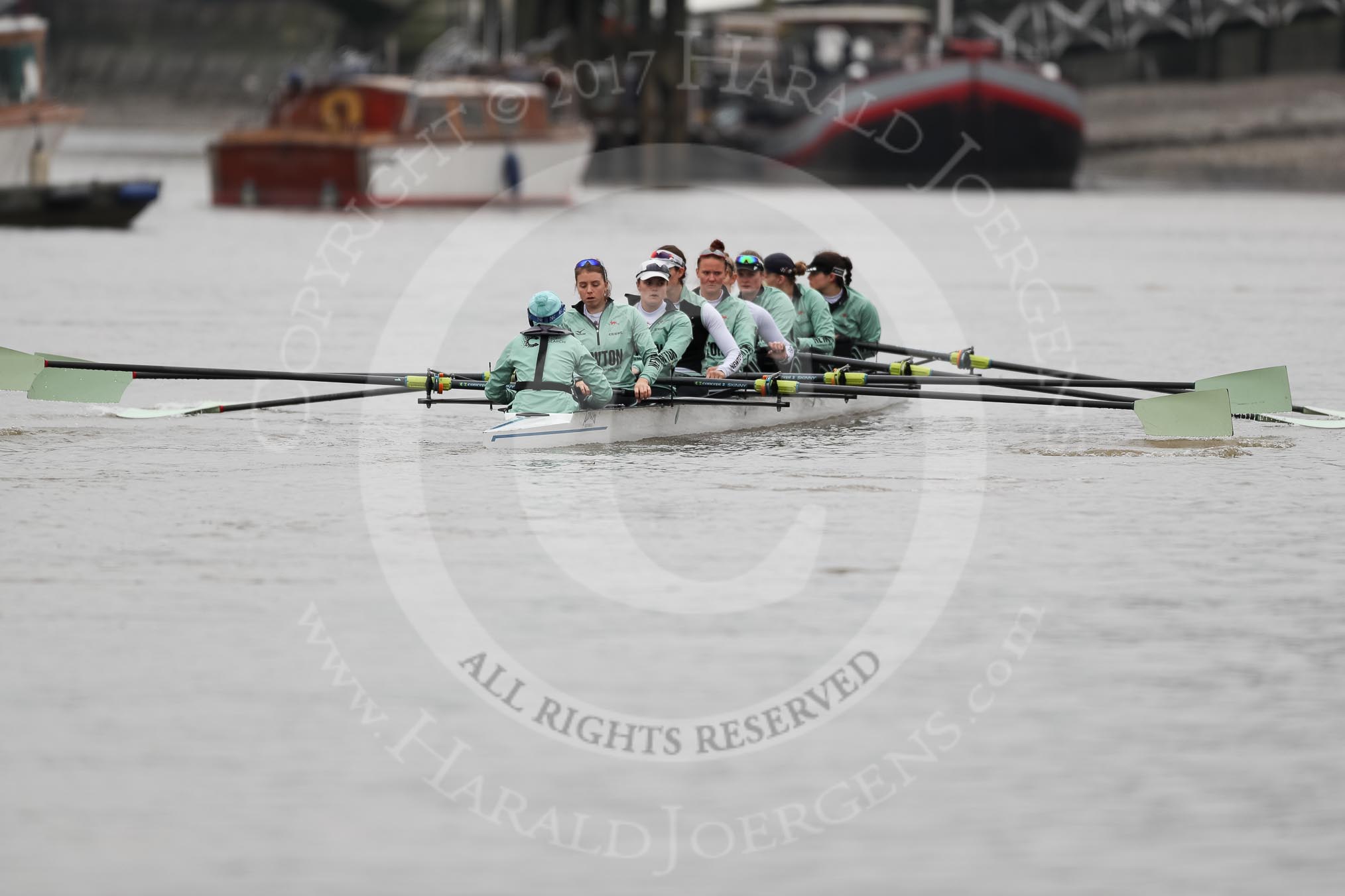 The Boat Race season 2018 - Women's Boat Race Trial Eights (CUWBC, Cambridge): Wingardium Leviosa with Cox-Sophie Wrixon, stroke-Imogen Grant, 7-Myriam Goudet-Boukhatmi, 6-Larkin Sayre, 5-Tricia Smith, 4-Emma Andrews, 3-Pippa Darkin, 2-Sarah Carlotti, bow-Lucy Pike.
River Thames between Putney Bridge and Mortlake,
London SW15,

United Kingdom,
on 05 December 2017 at 12:03, image #12