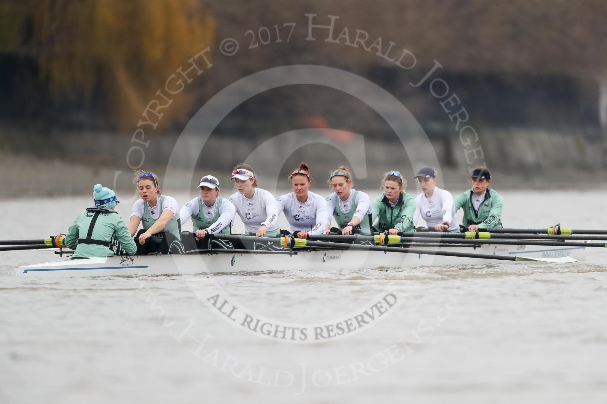 The Boat Race season 2018 - Women's Boat Race Trial Eights (CUWBC, Cambridge): Expecto Patronum with cox-Sophie Shapter, stroke-Alice White,  7-Abigail Parker, 6-Thea Zabell, 5-Kelsey Barolak, 4-Laura Foster, 3-Sally O Brien, 2-Millie Perrin, bow-Eve Caroe.
River Thames between Putney Bridge and Mortlake,
London SW15,

United Kingdom,
on 05 December 2017 at 12:24, image #27
