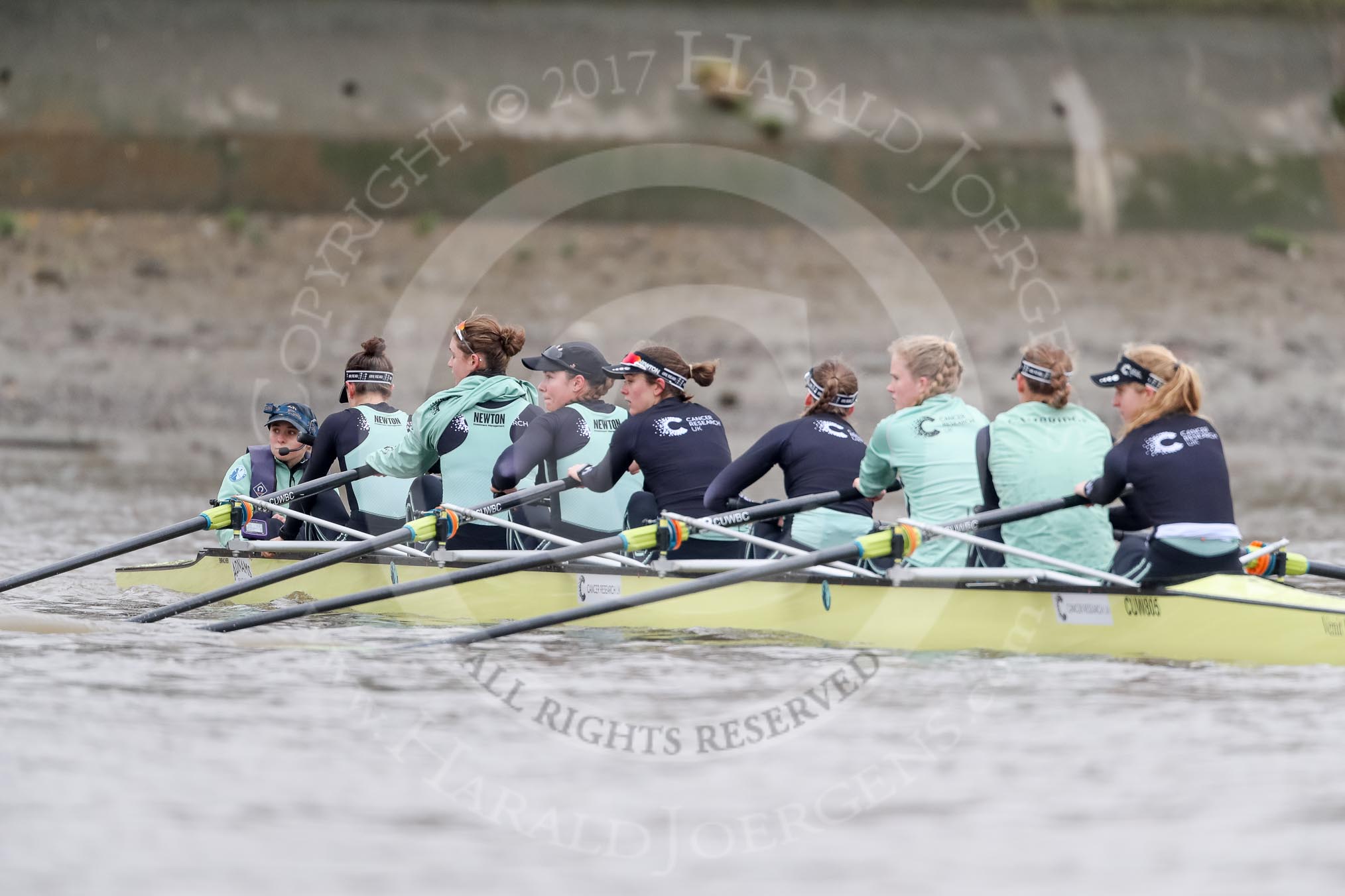The Boat Race season 2018 - Women's Boat Race Trial Eights (CUWBC, Cambridge): Wingardium Leviosa with Cox-Sophie Wrixon, stroke-Imogen Grant, 7-Myriam Goudet-Boukhatmi, 6-Larkin Sayre, 5-Tricia Smith, 4-Emma Andrews, 3-Pippa Darkin, 2-Sarah Carlotti, bow-Lucy Pike.
River Thames between Putney Bridge and Mortlake,
London SW15,

United Kingdom,
on 05 December 2017 at 12:24, image #28