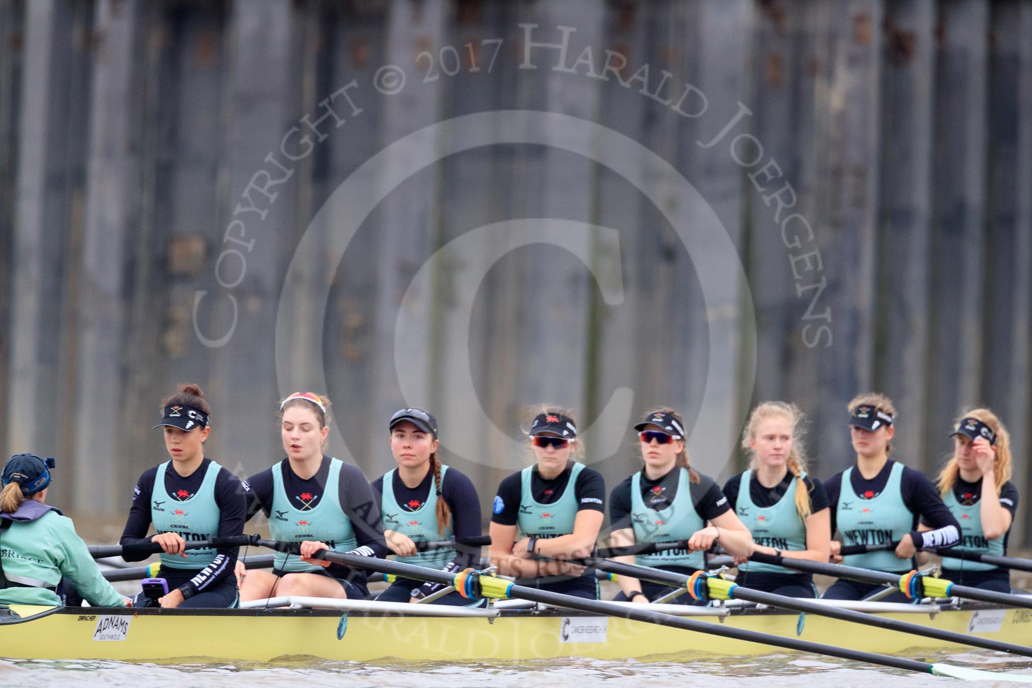 The Boat Race season 2018 - Women's Boat Race Trial Eights (CUWBC, Cambridge): Wingardium Leviosa with Cox-Sophie Wrixon, stroke-Imogen Grant, 7-Myriam Goudet-Boukhatmi, 6-Larkin Sayre, 5-Tricia Smith, 4-Emma Andrews, 3-Pippa Darkin, 2-Sarah Carlotti, bow-Lucy Pike.
River Thames between Putney Bridge and Mortlake,
London SW15,

United Kingdom,
on 05 December 2017 at 12:40, image #46