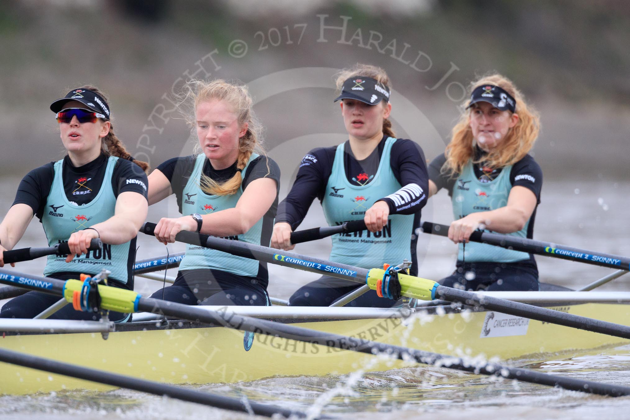 The Boat Race season 2018 - Women's Boat Race Trial Eights (CUWBC, Cambridge): Wingardium Leviosa, here 4 Emma Andrews, 3 Pippa Darkin, 2 Sarah Carlotti, bow Lucy Pike.
River Thames between Putney Bridge and Mortlake,
London SW15,

United Kingdom,
on 05 December 2017 at 12:45, image #78