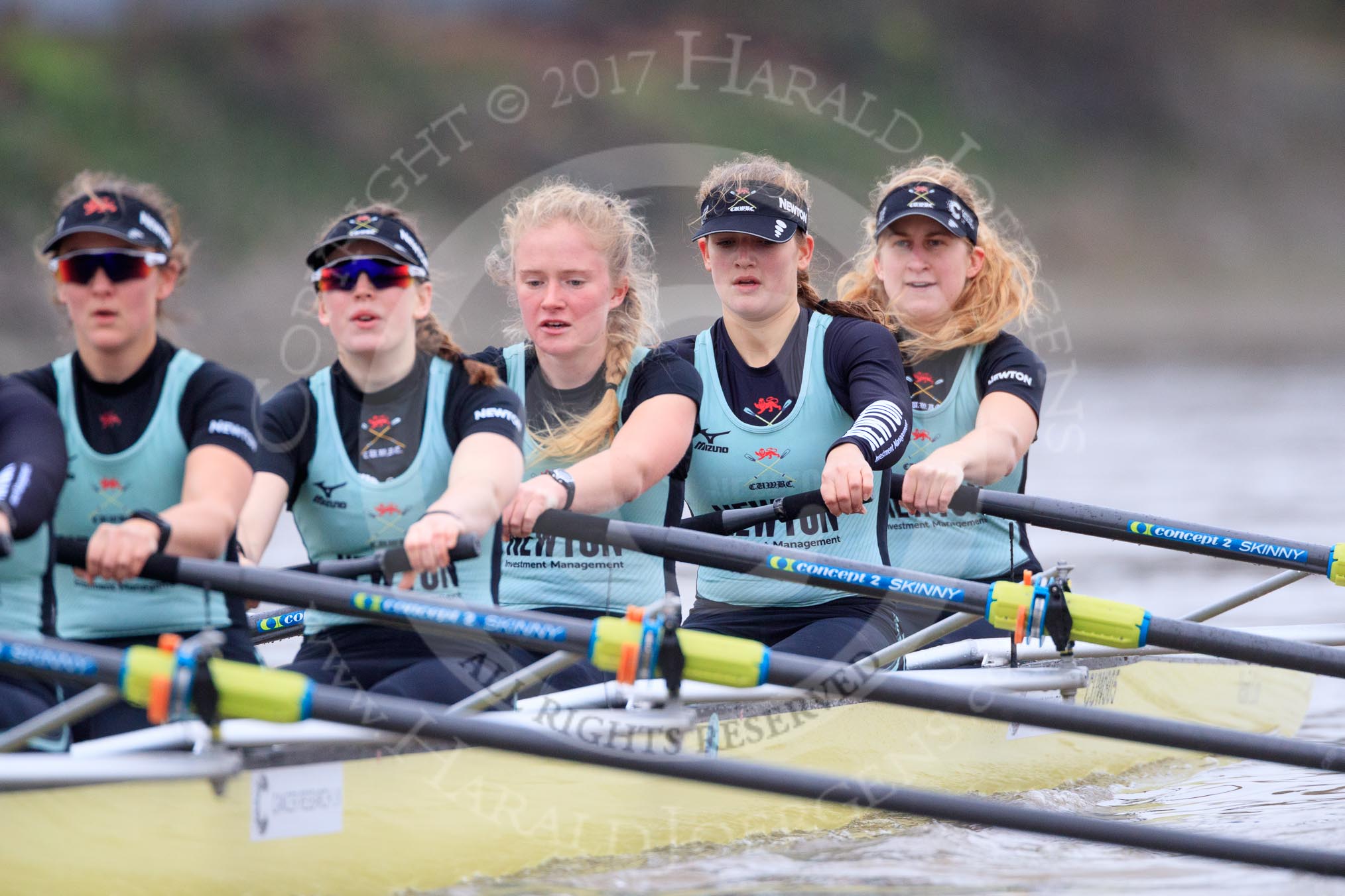 The Boat Race season 2018 - Women's Boat Race Trial Eights (CUWBC, Cambridge): Wingardium Leviosa, here 5 Tricia Smith, 4 Emma Andrews, 3 Pippa Darkin, 2 Sarah Carlotti, bow Lucy Pike.
River Thames between Putney Bridge and Mortlake,
London SW15,

United Kingdom,
on 05 December 2017 at 12:46, image #83