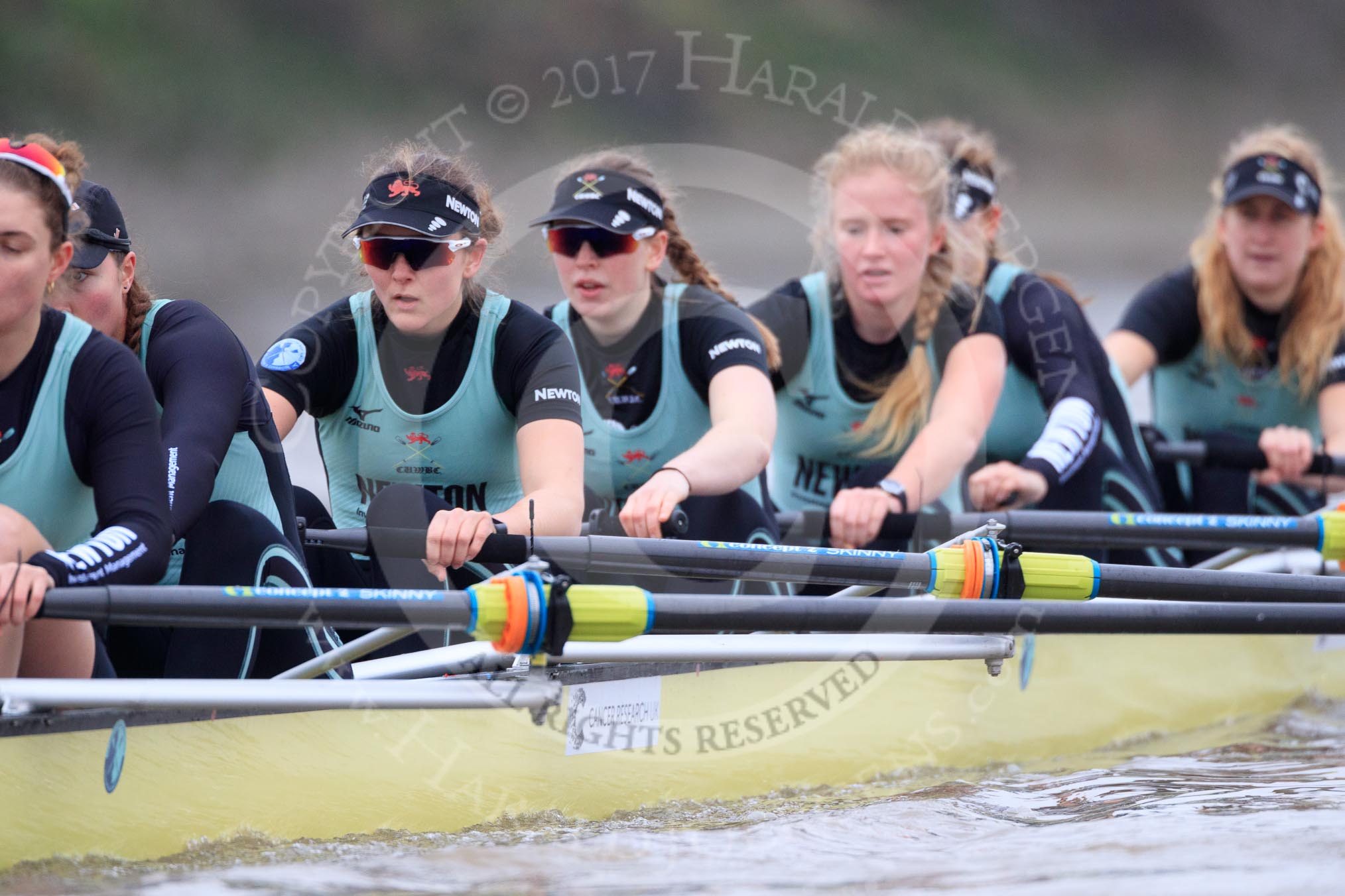 The Boat Race season 2018 - Women's Boat Race Trial Eights (CUWBC, Cambridge): Wingardium Leviosa, here 7 Myriam Goudet-Boukhatmi, 6 Larkin Sayre, 5 Tricia Smith, 4 Emma Andrews, 3 Pippa Darkin, 2 Sarah Carlotti, bow Lucy Pike.
River Thames between Putney Bridge and Mortlake,
London SW15,

United Kingdom,
on 05 December 2017 at 12:46, image #84