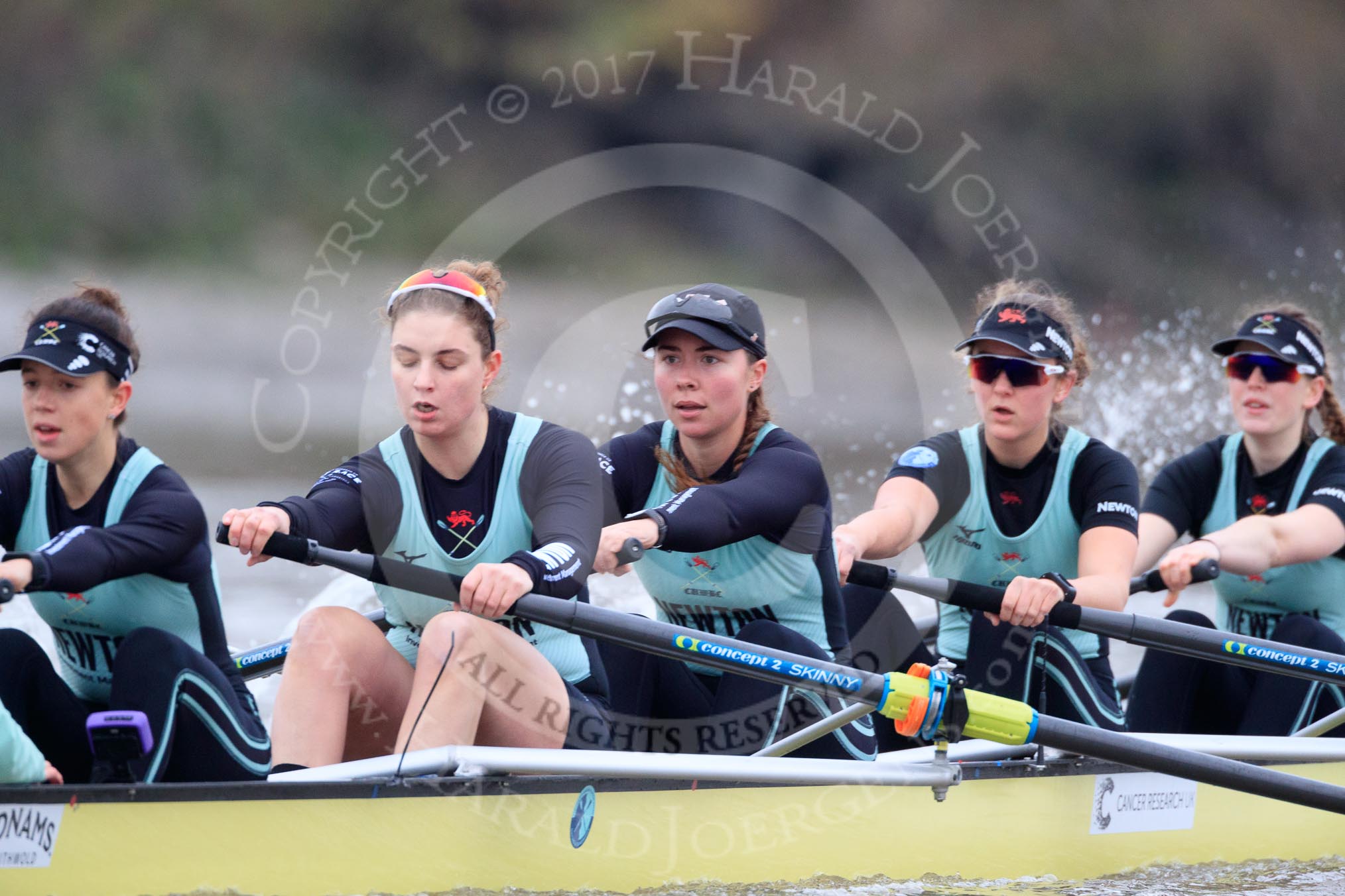 The Boat Race season 2018 - Women's Boat Race Trial Eights (CUWBC, Cambridge): Wingardium Leviosa, here stroke Imogen Grant, 7 Myriam Goudet-Boukhatmi, 6 Larkin Sayre, 5 Tricia Smith, 4 Emma Andrews.
River Thames between Putney Bridge and Mortlake,
London SW15,

United Kingdom,
on 05 December 2017 at 12:47, image #88