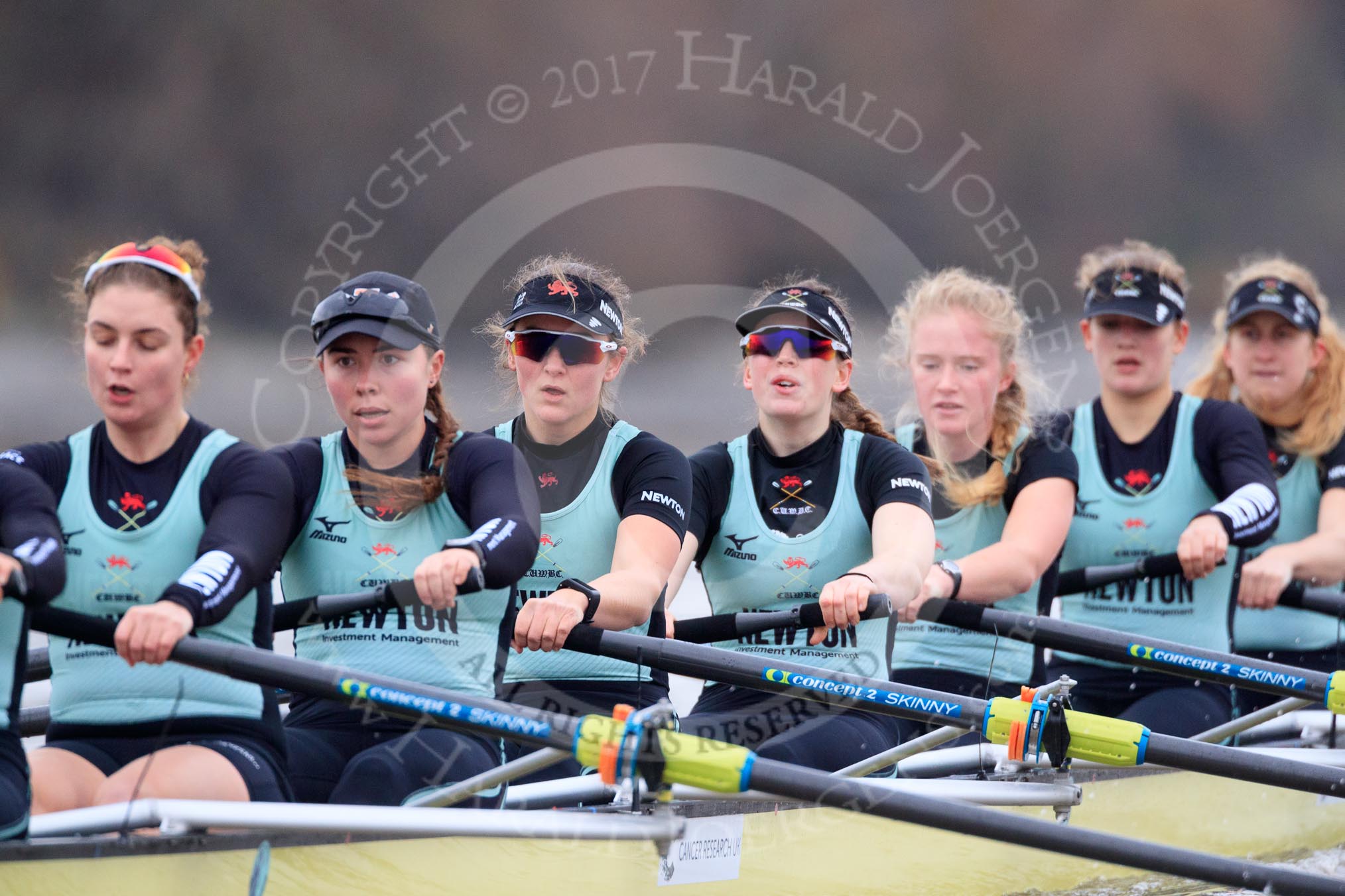 The Boat Race season 2018 - Women's Boat Race Trial Eights (CUWBC, Cambridge): Wingardium Leviosa, here 7 Myriam Goudet-Boukhatmi, 6 Larkin Sayre, 5 Tricia Smith, 4 Emma Andrews, 3 Pippa Darkin, 2 Sarah Carlotti, bow Lucy Pike.
River Thames between Putney Bridge and Mortlake,
London SW15,

United Kingdom,
on 05 December 2017 at 12:47, image #92