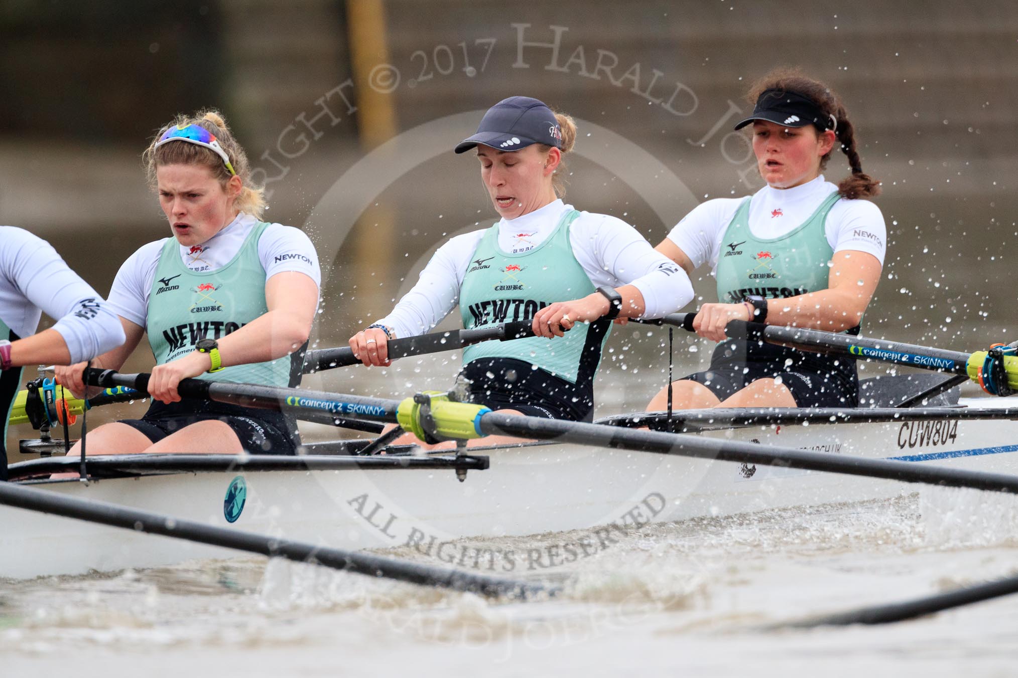 The Boat Race season 2018 - Women's Boat Race Trial Eights (CUWBC, Cambridge): Expecto Patronum  near Hammersmith Bridge, here 4 Laura Foster, 3 Sally O Brien, 2 Millie Perrin, bow Eve Caroe.
River Thames between Putney Bridge and Mortlake,
London SW15,

United Kingdom,
on 05 December 2017 at 12:48, image #96