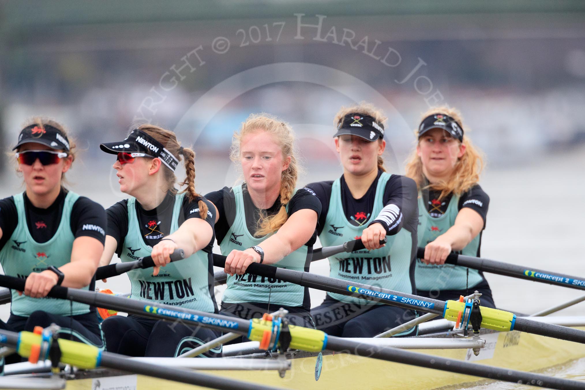 The Boat Race season 2018 - Women's Boat Race Trial Eights (CUWBC, Cambridge): Wingardium Leviosa near Hammersmith Bridge, here 5 Tricia Smith, 4 Emma Andrews, 3 Pippa Darkin, 2 Sarah Carlotti, bow Lucy Pike.
River Thames between Putney Bridge and Mortlake,
London SW15,

United Kingdom,
on 05 December 2017 at 12:49, image #98