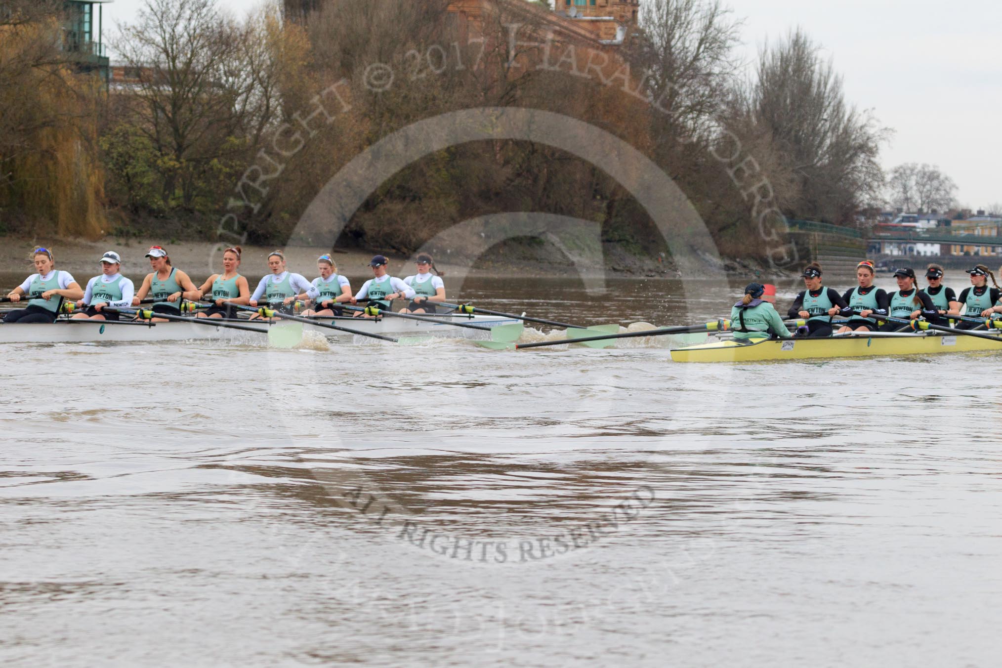 The Boat Race season 2018 - Women's Boat Race Trial Eights (CUWBC, Cambridge): Wingardium Leviosa leading near Harrods Repository.
River Thames between Putney Bridge and Mortlake,
London SW15,

United Kingdom,
on 05 December 2017 at 12:48, image #95