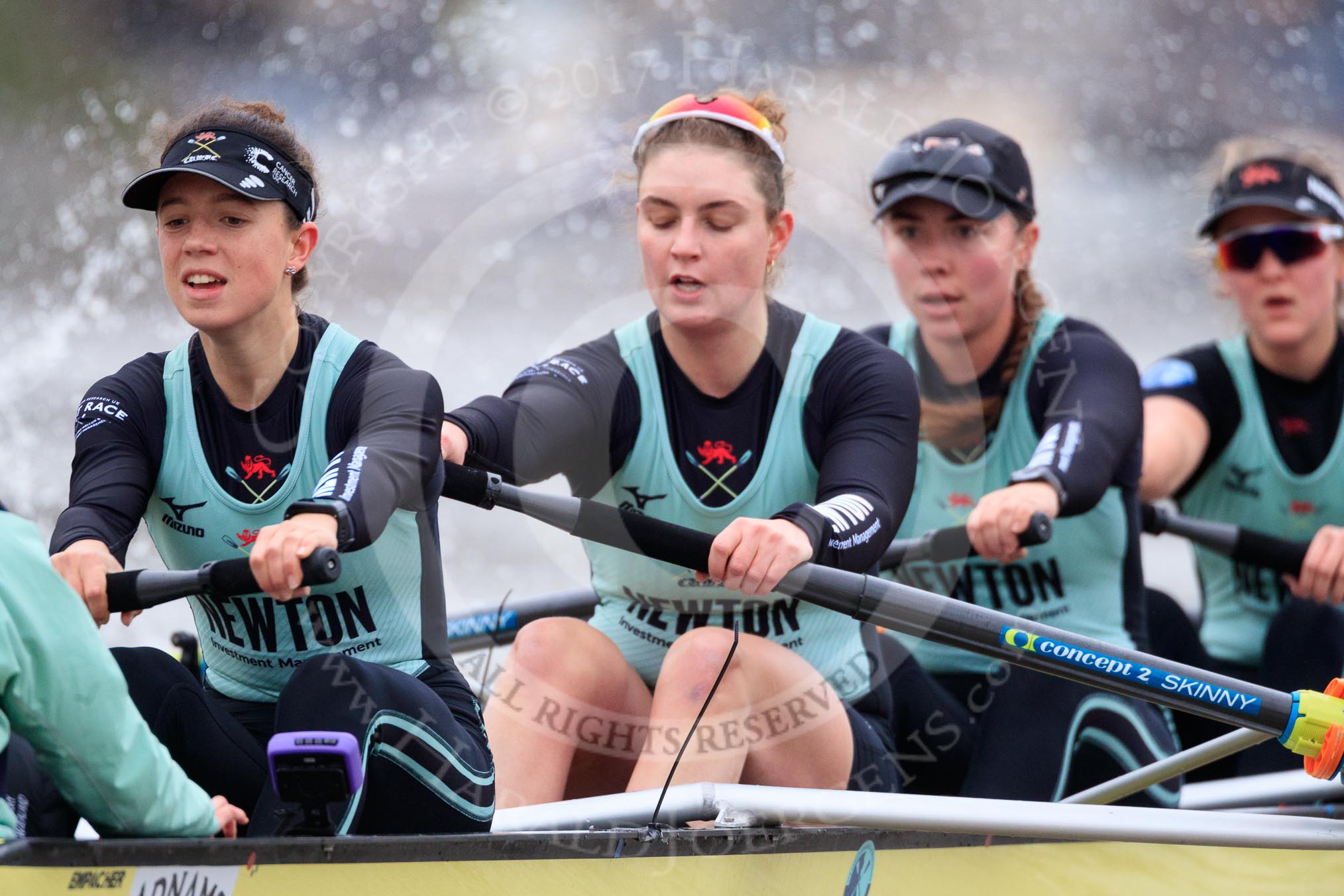 The Boat Race season 2018 - Women's Boat Race Trial Eights (CUWBC, Cambridge): Wingardium Leviosa near Hammersmith Bridge, here cox Sophie Wrixon, stroke Imogen Grant, 7 Myriam Goudet-Boukhatmi, 6 Larkin Sayre, 5 Tricia Smith.
River Thames between Putney Bridge and Mortlake,
London SW15,

United Kingdom,
on 05 December 2017 at 12:49, image #103