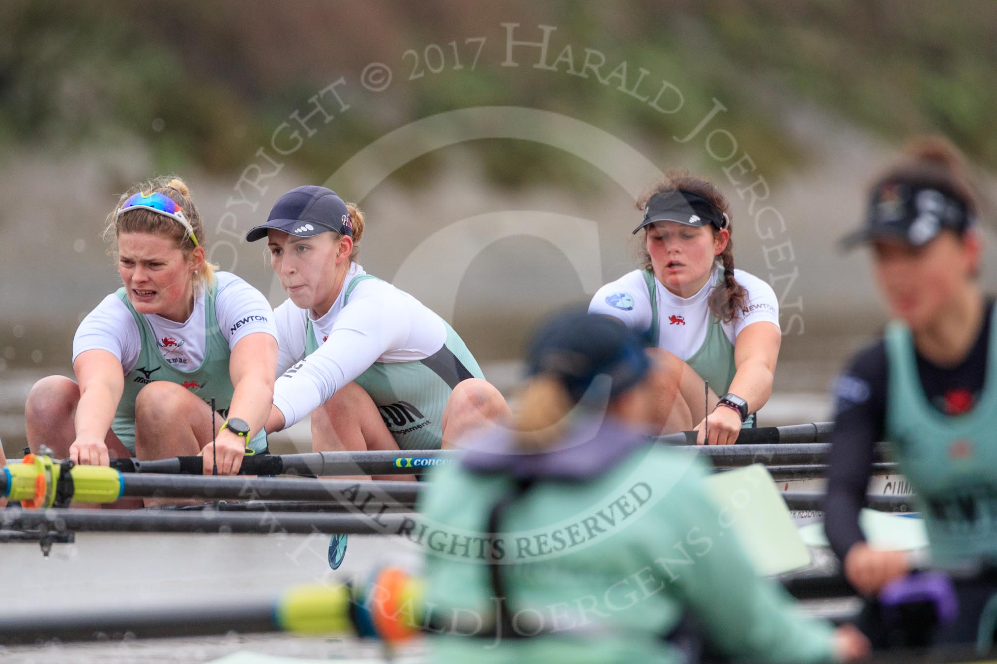 The Boat Race season 2018 - Women's Boat Race Trial Eights (CUWBC, Cambridge): A close fight betwwen the two Cambridge crews, 3 Sally O Brien, 2 Millie Perrin and  bow Eve Caroe in Expecto Patronum , cox Sophie Wrixon and stroke Imogen Grant in Wingardium Leviosa.
River Thames between Putney Bridge and Mortlake,
London SW15,

United Kingdom,
on 05 December 2017 at 12:49, image #104