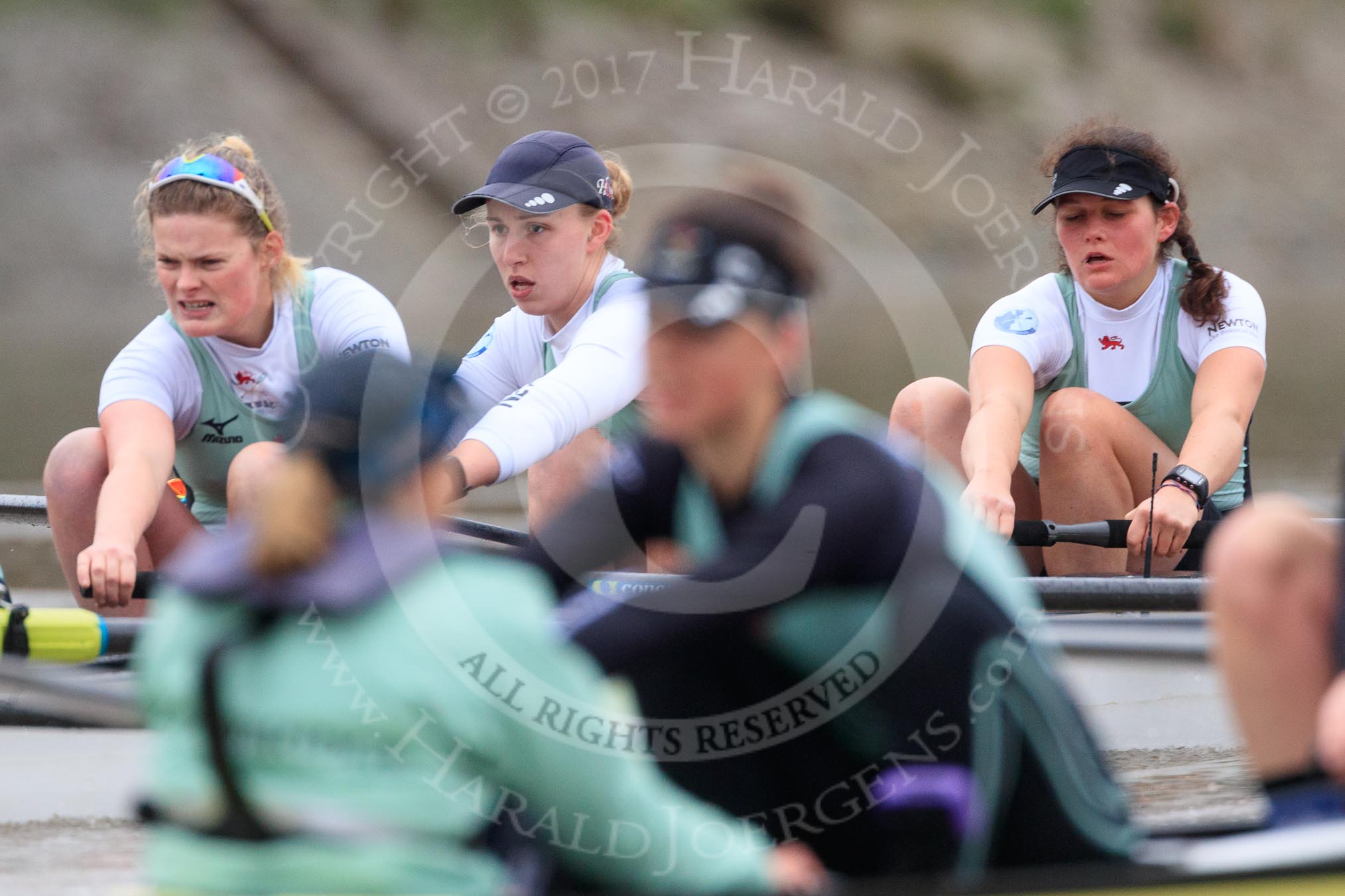 Photo 1712051349101X20738HaraldJoergens The Boat Race season 2018 - Women's Boat Race Trial Eights (CUWBC, Cambridge): A close fight - 3 Sally O Brien, 2 Millie Perrin, bow Eve Caroe in Expecto Patronum.
River Thames between Putney Bridge and Mortlake,
London SW15,
United Kingdom,
on 05 December 2017 at 12:50, image #110