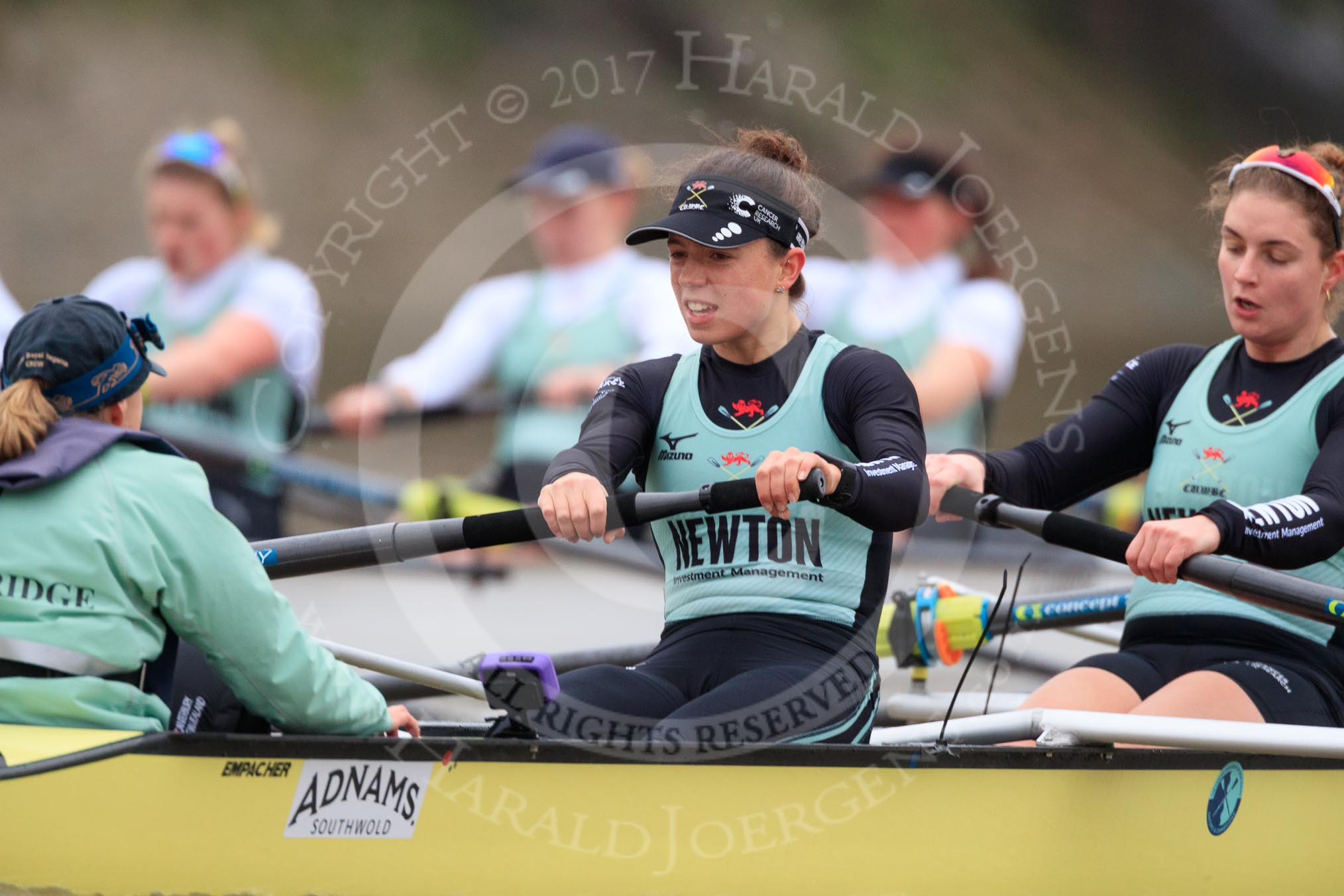 The Boat Race season 2018 - Women's Boat Race Trial Eights (CUWBC, Cambridge): A close fight - cox Sophie Wrixon, stroke Imogen Grant, 7 Myriam Goudet-Boukhatmi in Wingardium Leviosa.
River Thames between Putney Bridge and Mortlake,
London SW15,

United Kingdom,
on 05 December 2017 at 12:50, image #111