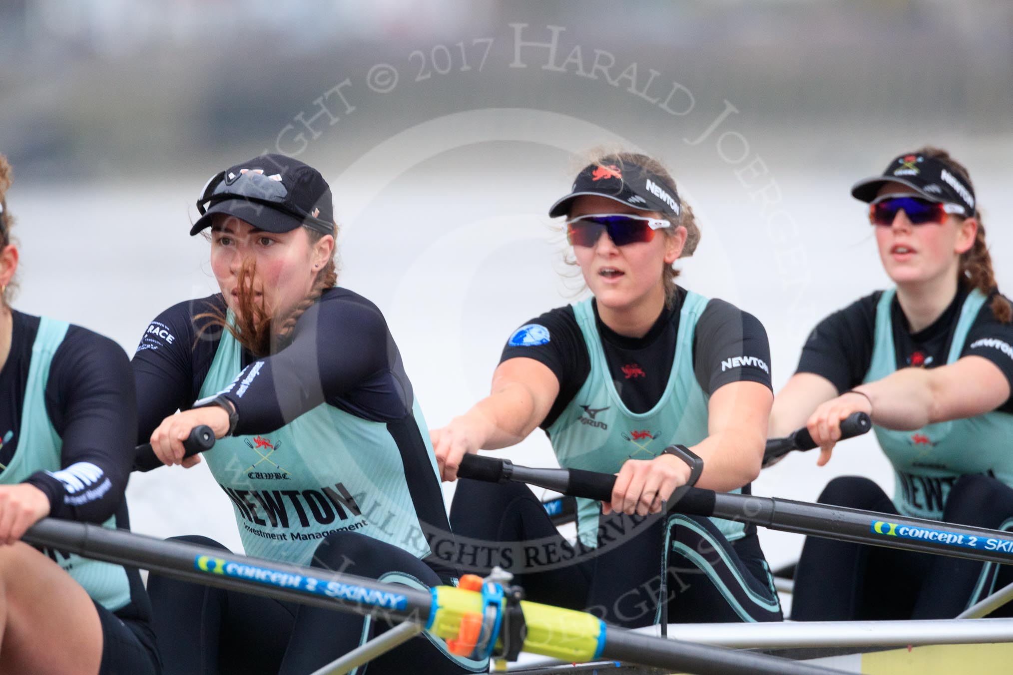 The Boat Race season 2018 - Women's Boat Race Trial Eights (CUWBC, Cambridge): Wingardium Leviosa, here 6 Larkin Sayre, 5 Tricia Smith, 4 Emma Andrews.
River Thames between Putney Bridge and Mortlake,
London SW15,

United Kingdom,
on 05 December 2017 at 12:50, image #113
