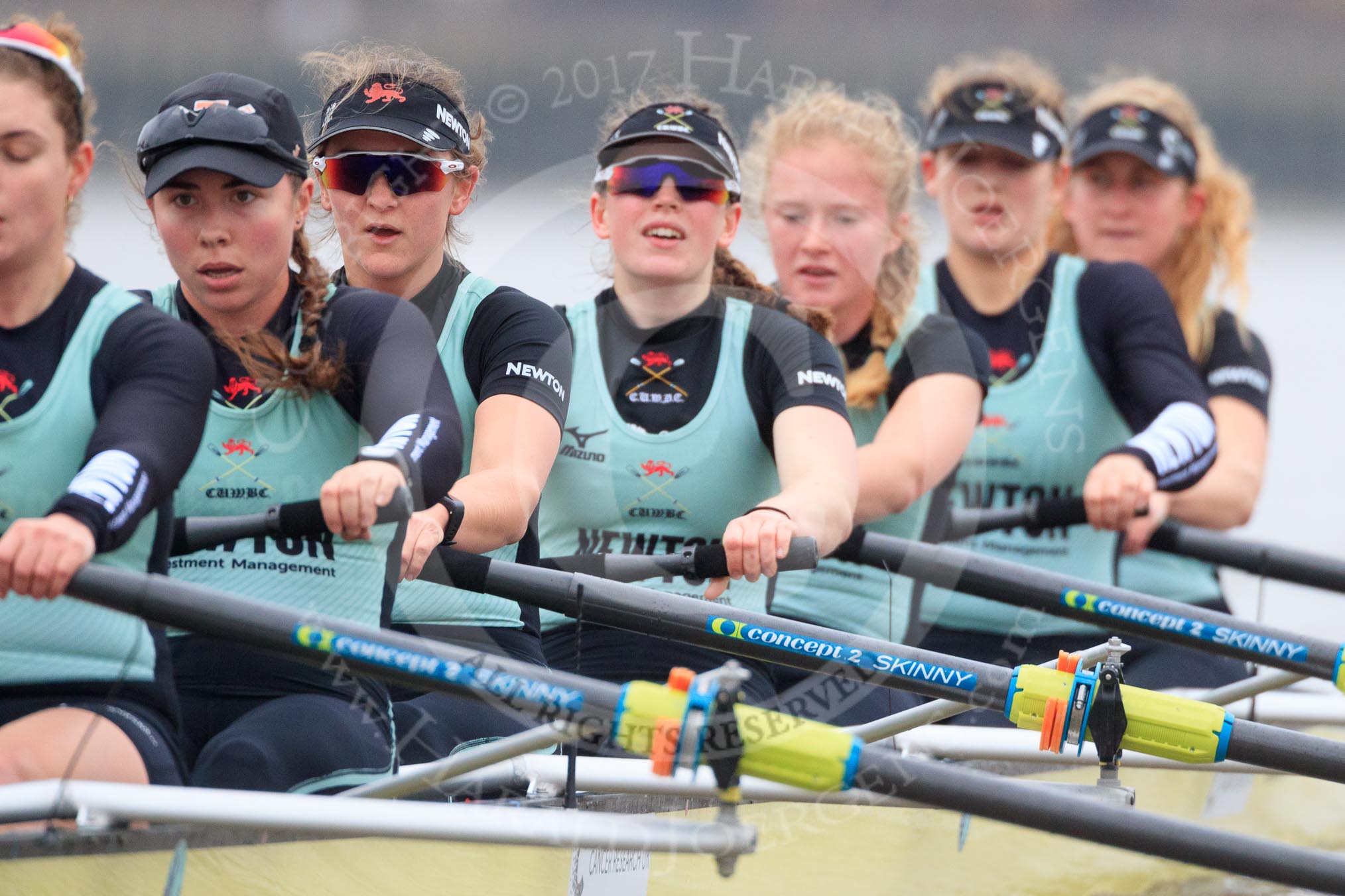 The Boat Race season 2018 - Women's Boat Race Trial Eights (CUWBC, Cambridge): Wingardium Leviosa , here 7-Myriam Goudet-Boukhatmi, 6-Larkin Sayre, 5-Tricia Smith, 4-Emma Andrews, 3-Pippa Darkin, 2-Sarah Carlotti, bow-Lucy Pike.
River Thames between Putney Bridge and Mortlake,
London SW15,

United Kingdom,
on 05 December 2017 at 12:52, image #126