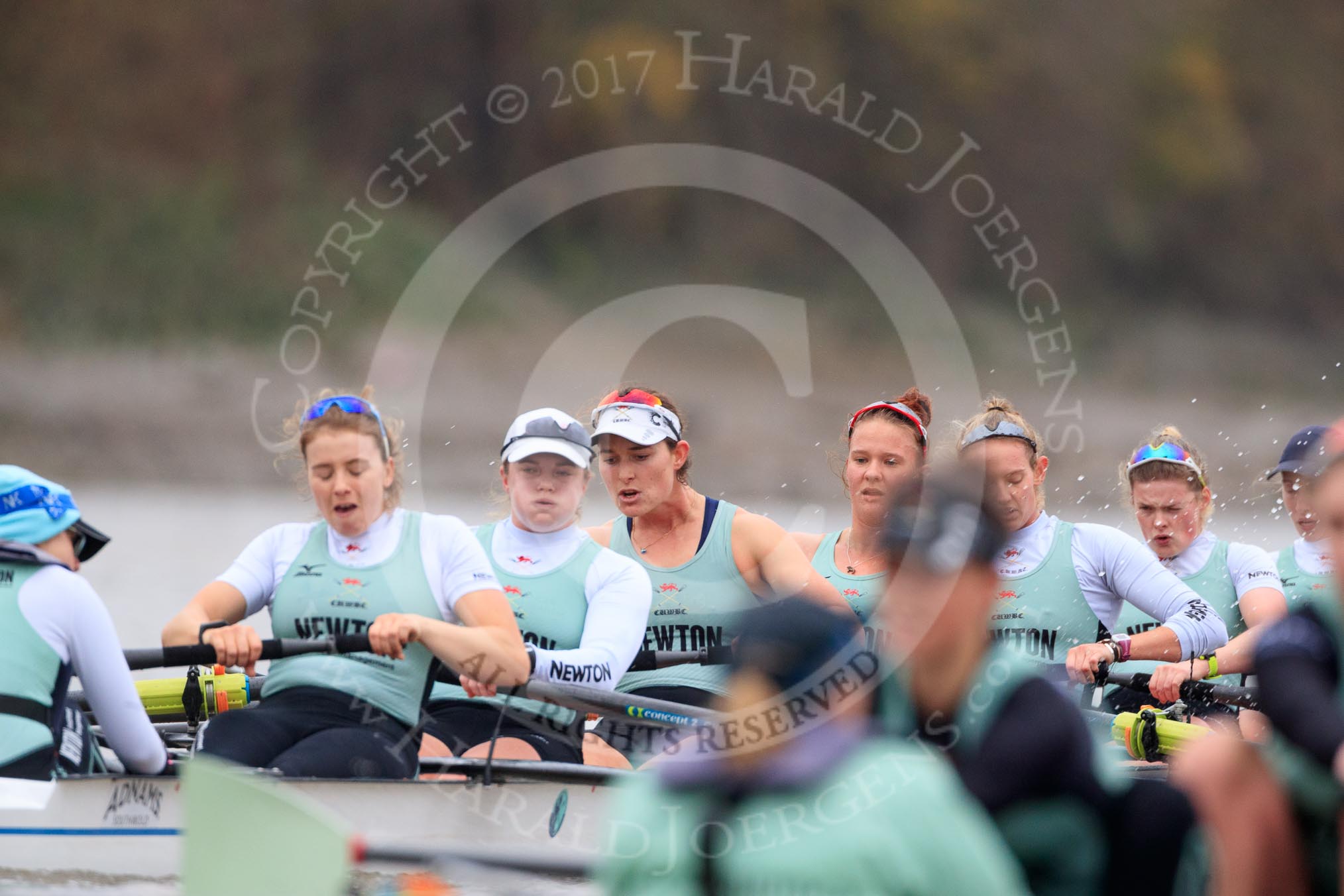 The Boat Race season 2018 - Women's Boat Race Trial Eights (CUWBC, Cambridge): Expecto Patronum with cox Sophie Shapter, stroke-Alice White,  7 Abigail Parker, 6 Thea Zabell, 5 Kelsey Barolak, 4 Laura Foster, 3 Sally O Brien, 2 Millie Perrin, bow Eve Caroe.
River Thames between Putney Bridge and Mortlake,
London SW15,

United Kingdom,
on 05 December 2017 at 12:53, image #132