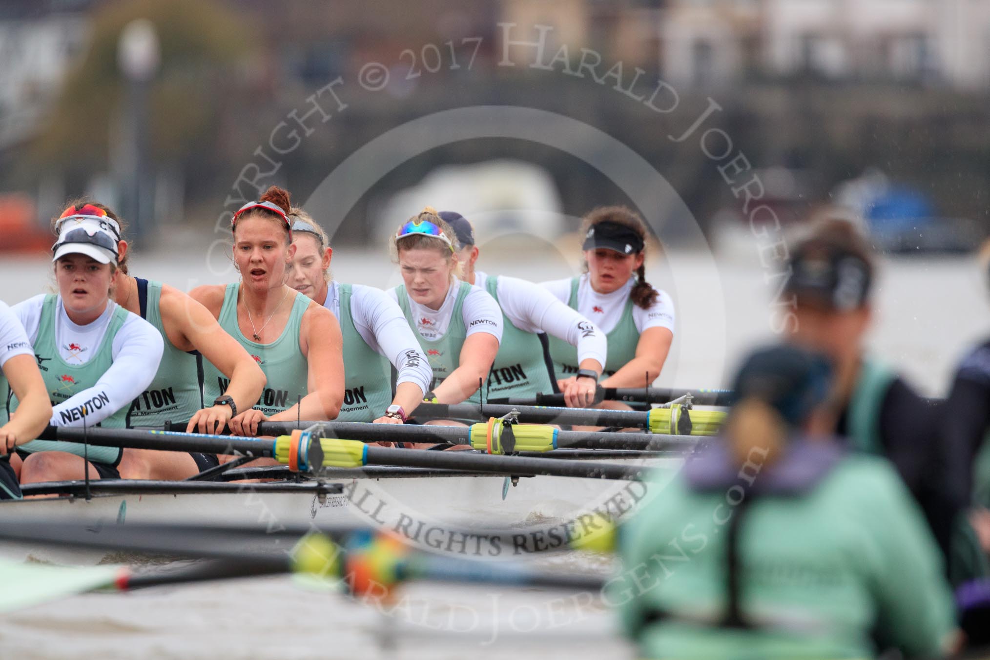 The Boat Race season 2018 - Women's Boat Race Trial Eights (CUWBC, Cambridge): Expecto Patronum has taken the lead on the approach to Chiswick Pier, here  7 Abigail Parker, 6 Thea Zabell, 5 Kelsey Barolak, 4 Laura Foster, 3 Sally O Brien, 2 Millie Perrin, bow Eve Caroe.
River Thames between Putney Bridge and Mortlake,
London SW15,

United Kingdom,
on 05 December 2017 at 12:54, image #134