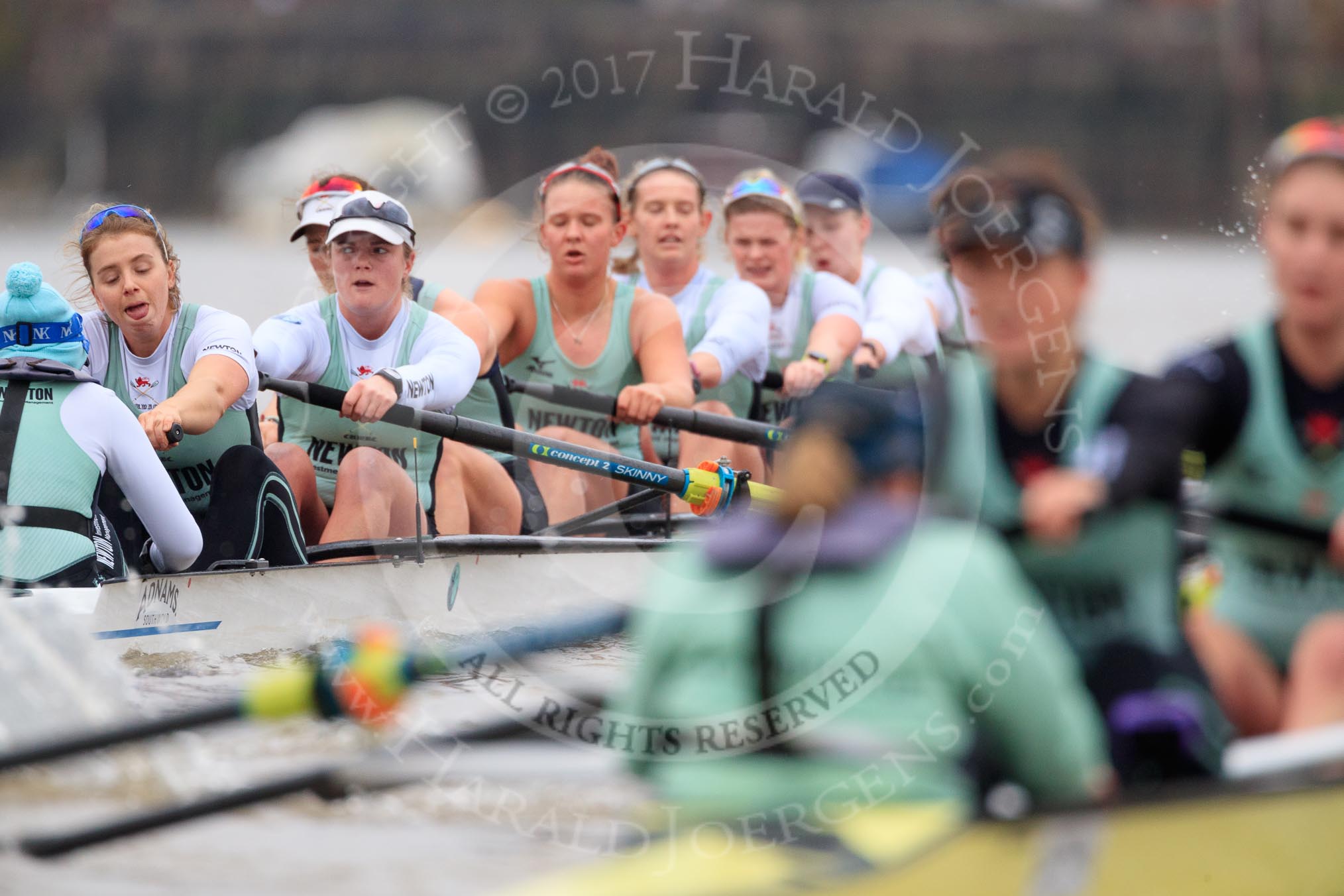 The Boat Race season 2018 - Women's Boat Race Trial Eights (CUWBC, Cambridge): Expecto Patronum has taken the lead on the approach to Chiswick Pier, here  cox Sophie Shapter, stroke Alice White,  7 Abigail Parker, 6 Thea Zabell, 5 Kelsey Barolak, 4 Laura Foster, 3 Sally O Brien, 2 Millie Perrin, bow Eve Caroe.
River Thames between Putney Bridge and Mortlake,
London SW15,

United Kingdom,
on 05 December 2017 at 12:54, image #135