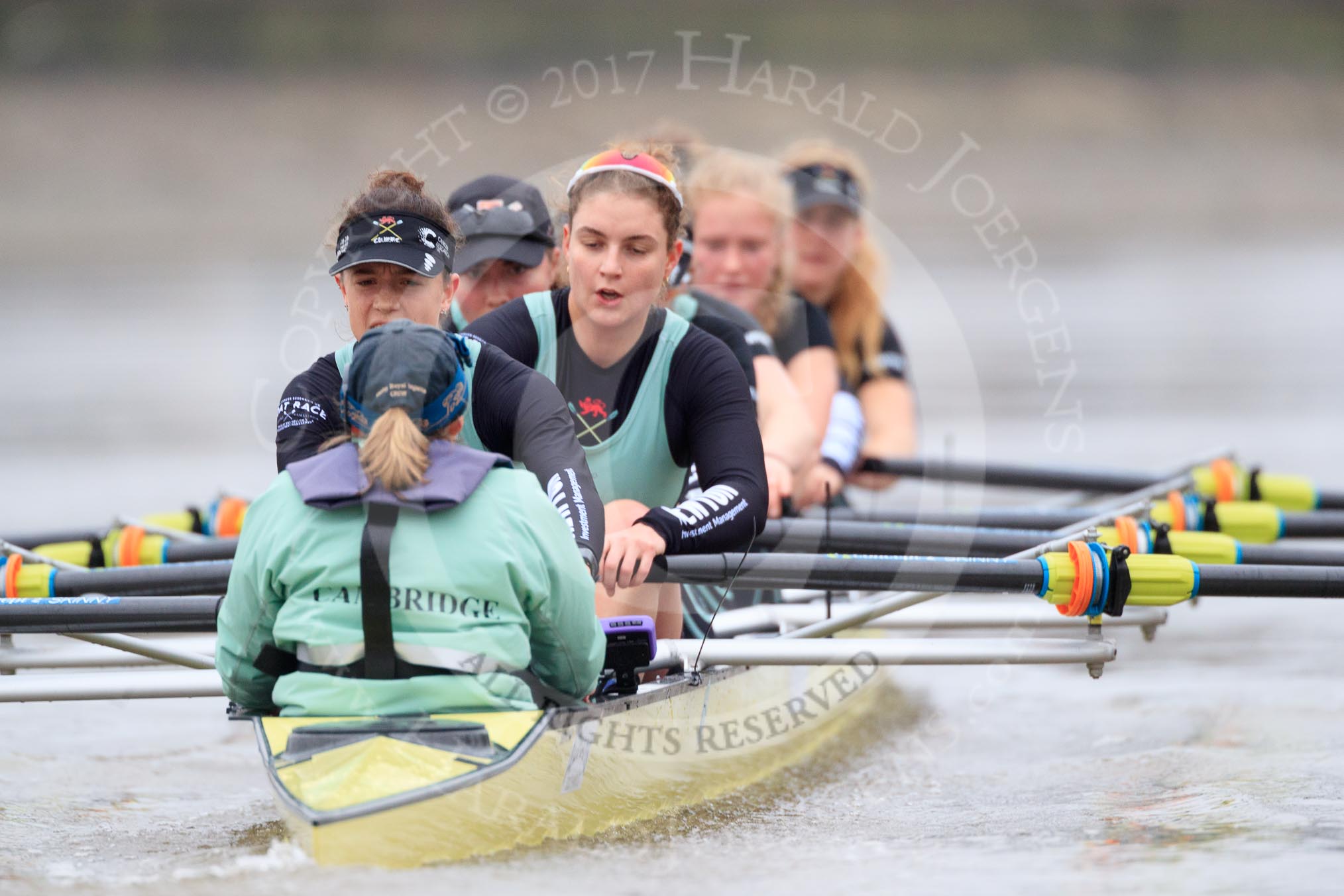 The Boat Race season 2018 - Women's Boat Race Trial Eights (CUWBC, Cambridge): Wingardium Leviosa:  Cox-Sophie Wrixon, stroke-Imogen Grant, 7-Myriam Goudet-Boukhatmi, 6-Larkin Sayre, 5-Tricia Smith, 4-Emma Andrews, 3-Pippa Darkin, 2-Sarah Carlotti, bow-Lucy Pike.
River Thames between Putney Bridge and Mortlake,
London SW15,

United Kingdom,
on 05 December 2017 at 12:57, image #148