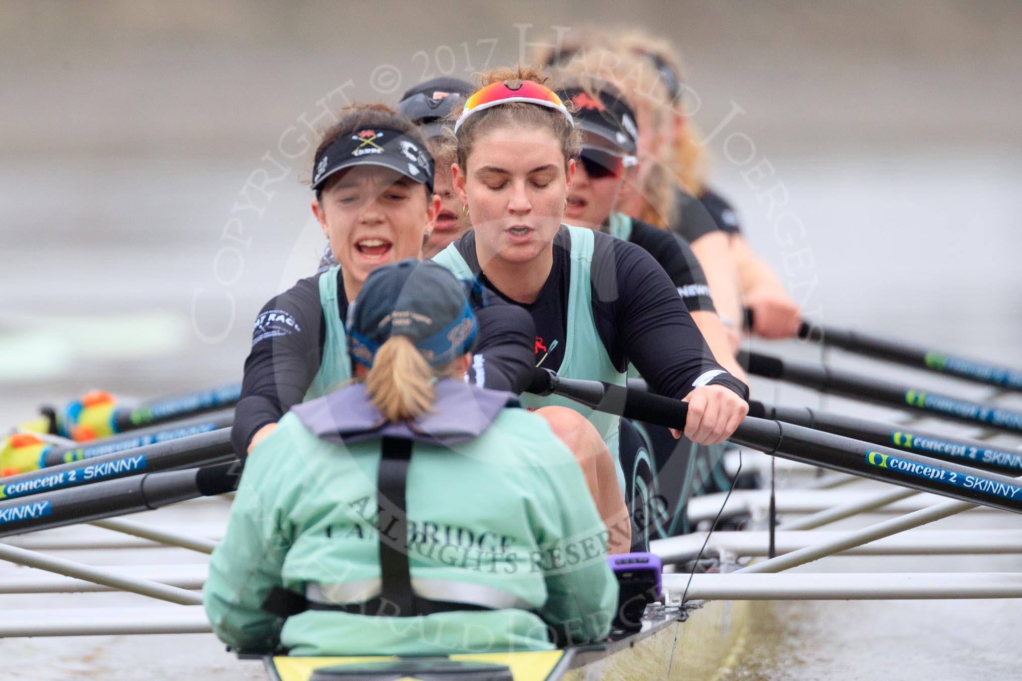 The Boat Race season 2018 - Women's Boat Race Trial Eights (CUWBC, Cambridge): Wingardium Leviosa:  Cox-Sophie Wrixon, stroke-Imogen Grant, 7-Myriam Goudet-Boukhatmi, 6-Larkin Sayre, 5-Tricia Smith, 4-Emma Andrews, 3-Pippa Darkin, 2-Sarah Carlotti, bow-Lucy Pike.
River Thames between Putney Bridge and Mortlake,
London SW15,

United Kingdom,
on 05 December 2017 at 12:57, image #151