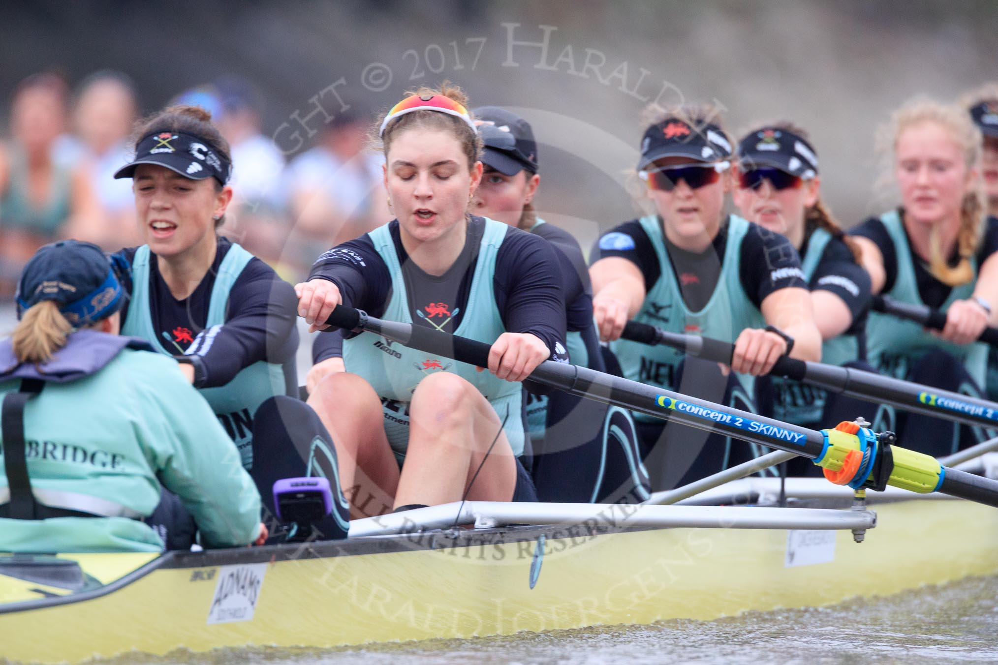 The Boat Race season 2018 - Women's Boat Race Trial Eights (CUWBC, Cambridge): Wingardium Leviosa:  Cox-Sophie Wrixon, stroke-Imogen Grant, 7-Myriam Goudet-Boukhatmi, 6-Larkin Sayre, 5-Tricia Smith, 4-Emma Andrews, 3-Pippa Darkin, 2-Sarah Carlotti, bow-Lucy Pike.
River Thames between Putney Bridge and Mortlake,
London SW15,

United Kingdom,
on 05 December 2017 at 12:58, image #153