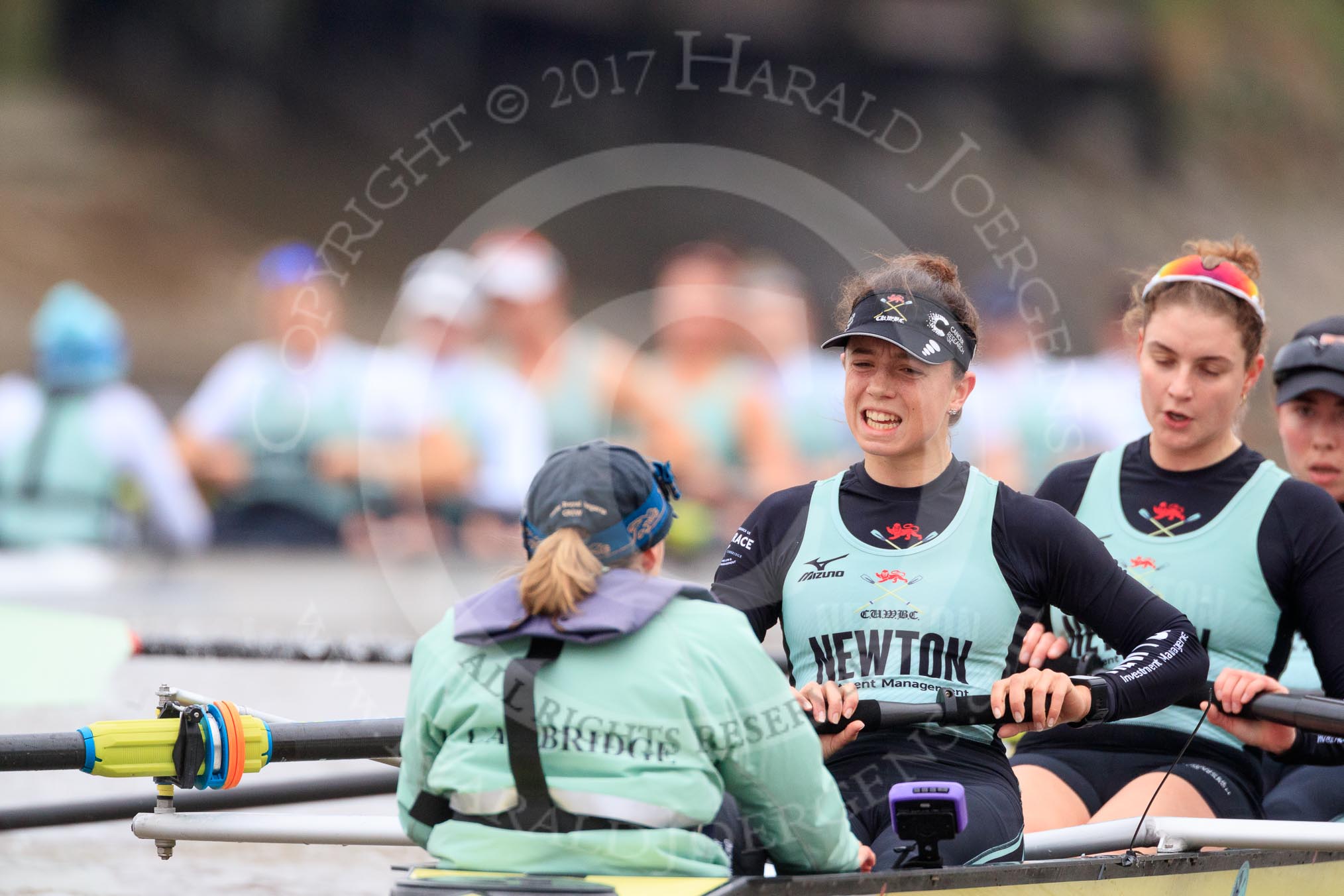 The Boat Race season 2018 - Women's Boat Race Trial Eights (CUWBC, Cambridge): Wingardium Leviosa fighting back, here cox Sophie Wrixon, stroke Imogen Grant, 7 Myriam Goudet-Boukhatmi, 6 Larkin Sayre.
River Thames between Putney Bridge and Mortlake,
London SW15,

United Kingdom,
on 05 December 2017 at 12:58, image #154