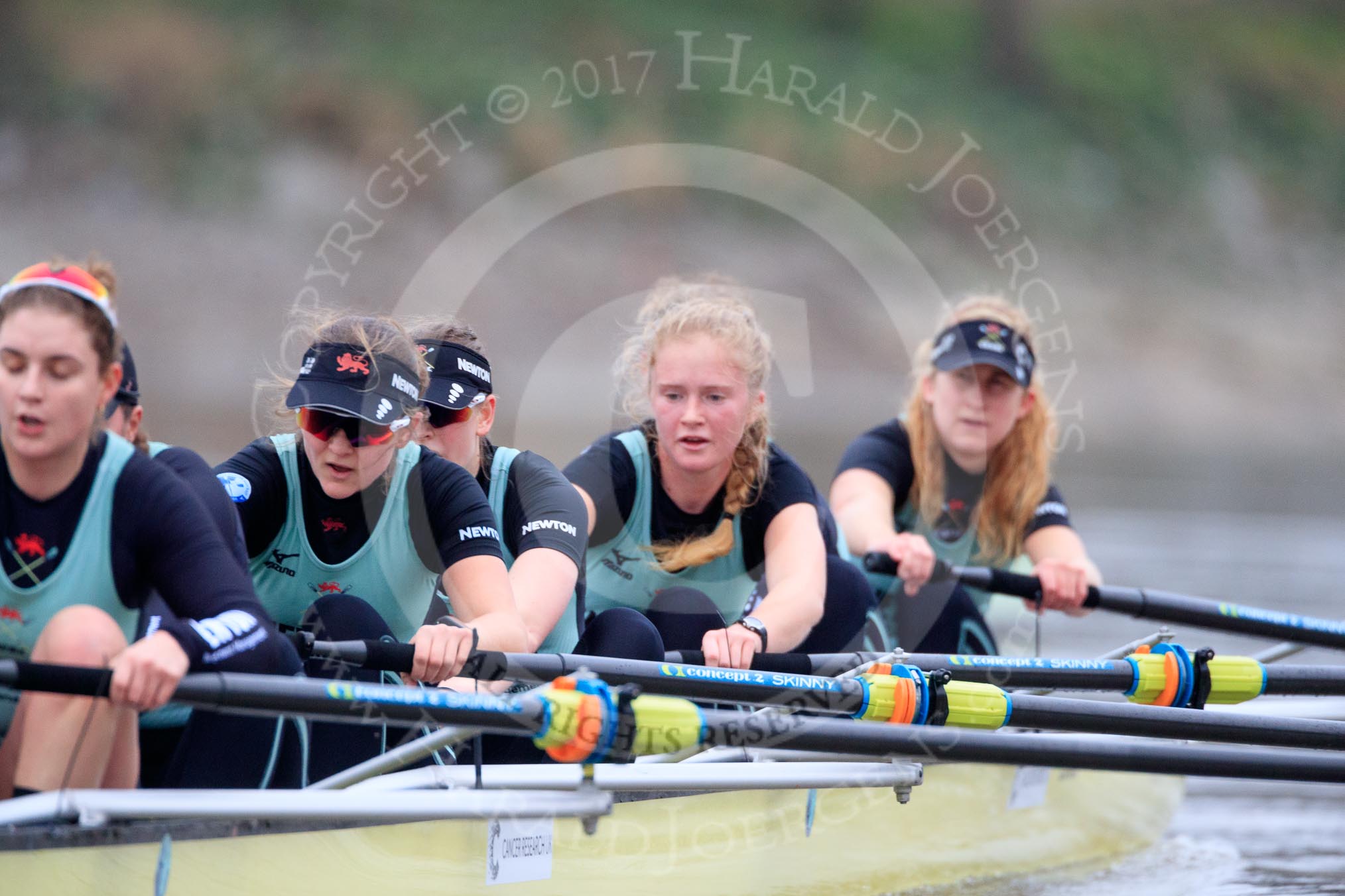 The Boat Race season 2018 - Women's Boat Race Trial Eights (CUWBC, Cambridge): Wingardium Leviosa fighting back, here 7 Myriam Goudet-Boukhatmi, 6 Larkin Sayre, 5 Tricia Smith, 4 Emma Andrews, 3 Pippa Darkin, 2 Sarah Carlotti, bow Lucy Pike.
River Thames between Putney Bridge and Mortlake,
London SW15,

United Kingdom,
on 05 December 2017 at 12:58, image #155