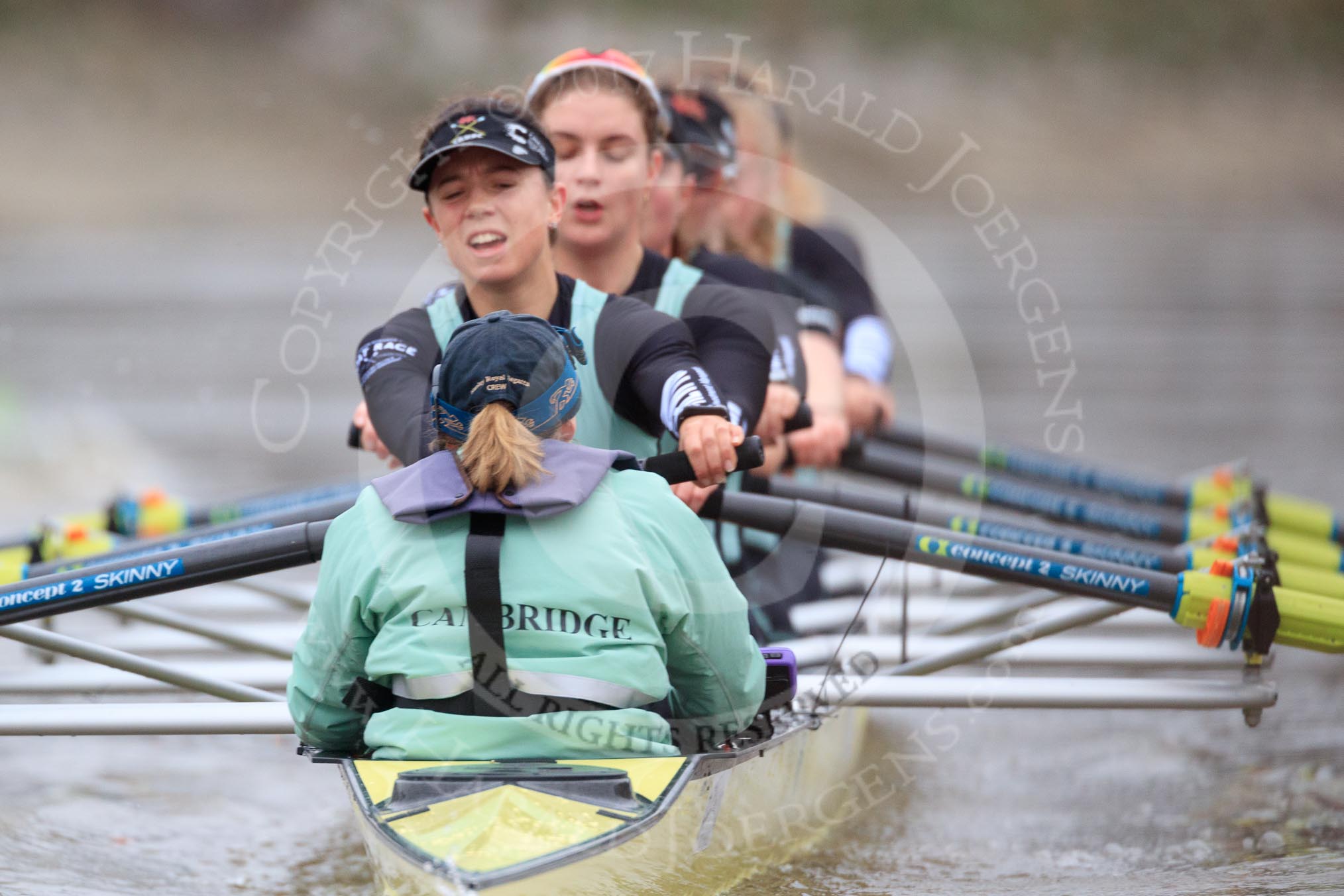 The Boat Race season 2018 - Women's Boat Race Trial Eights (CUWBC, Cambridge): Wingardium Leviosa:  Cox-Sophie Wrixon, stroke-Imogen Grant, 7-Myriam Goudet-Boukhatmi, 6-Larkin Sayre, 5-Tricia Smith, 4-Emma Andrews, 3-Pippa Darkin, 2-Sarah Carlotti, bow-Lucy Pike.
River Thames between Putney Bridge and Mortlake,
London SW15,

United Kingdom,
on 05 December 2017 at 12:58, image #156