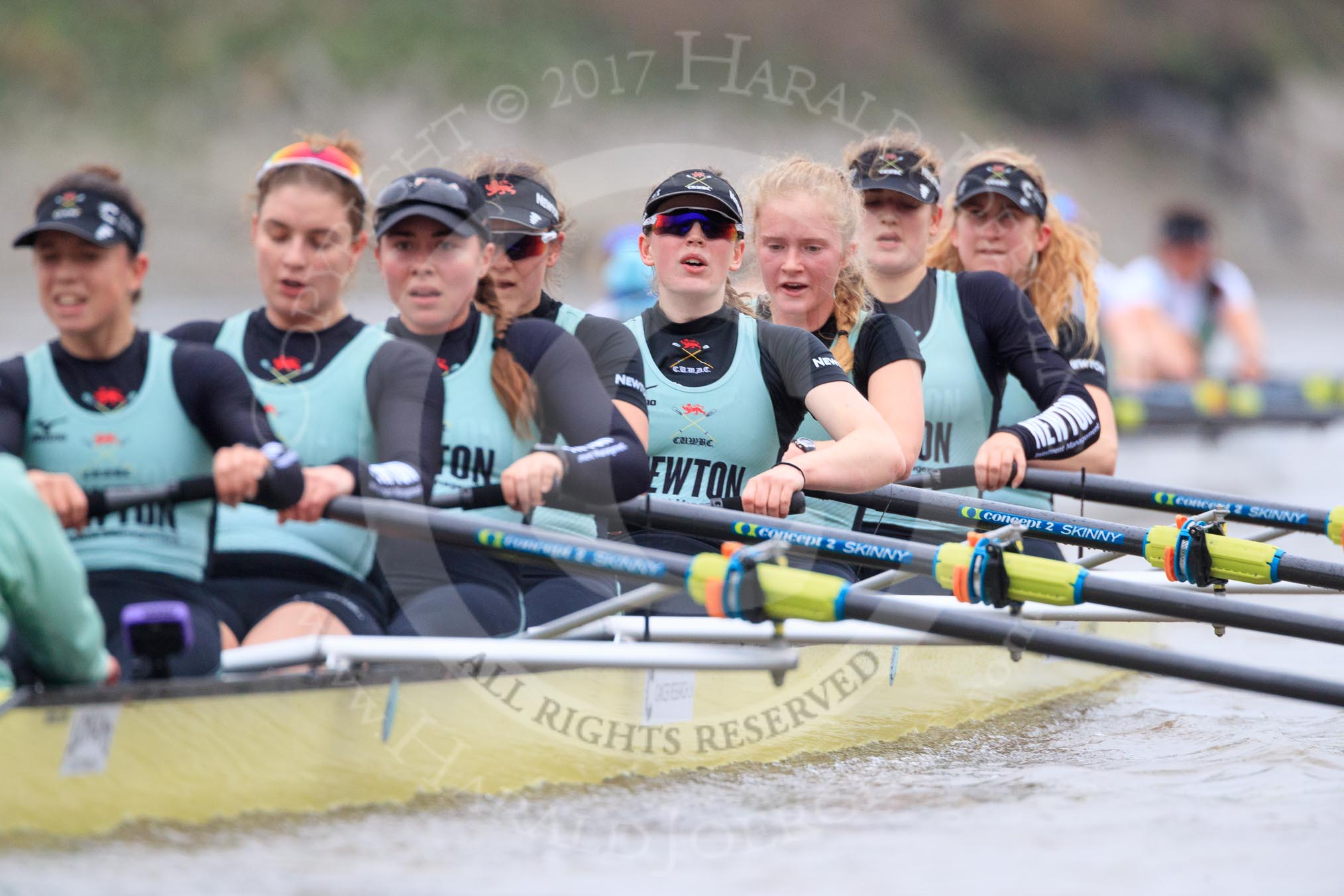 The Boat Race season 2018 - Women's Boat Race Trial Eights (CUWBC, Cambridge): Expecto Patronum pulling further away from Wingardium Leviosa , here with stroke Imogen Grant, 7 Myriam Goudet-Boukhatmi, 6 Larkin Sayre, 5 Tricia Smith, 4 Emma Andrews, 3 Pippa Darkin, 2 Sarah Carlotti, bow Lucy Pike.
River Thames between Putney Bridge and Mortlake,
London SW15,

United Kingdom,
on 05 December 2017 at 12:59, image #161