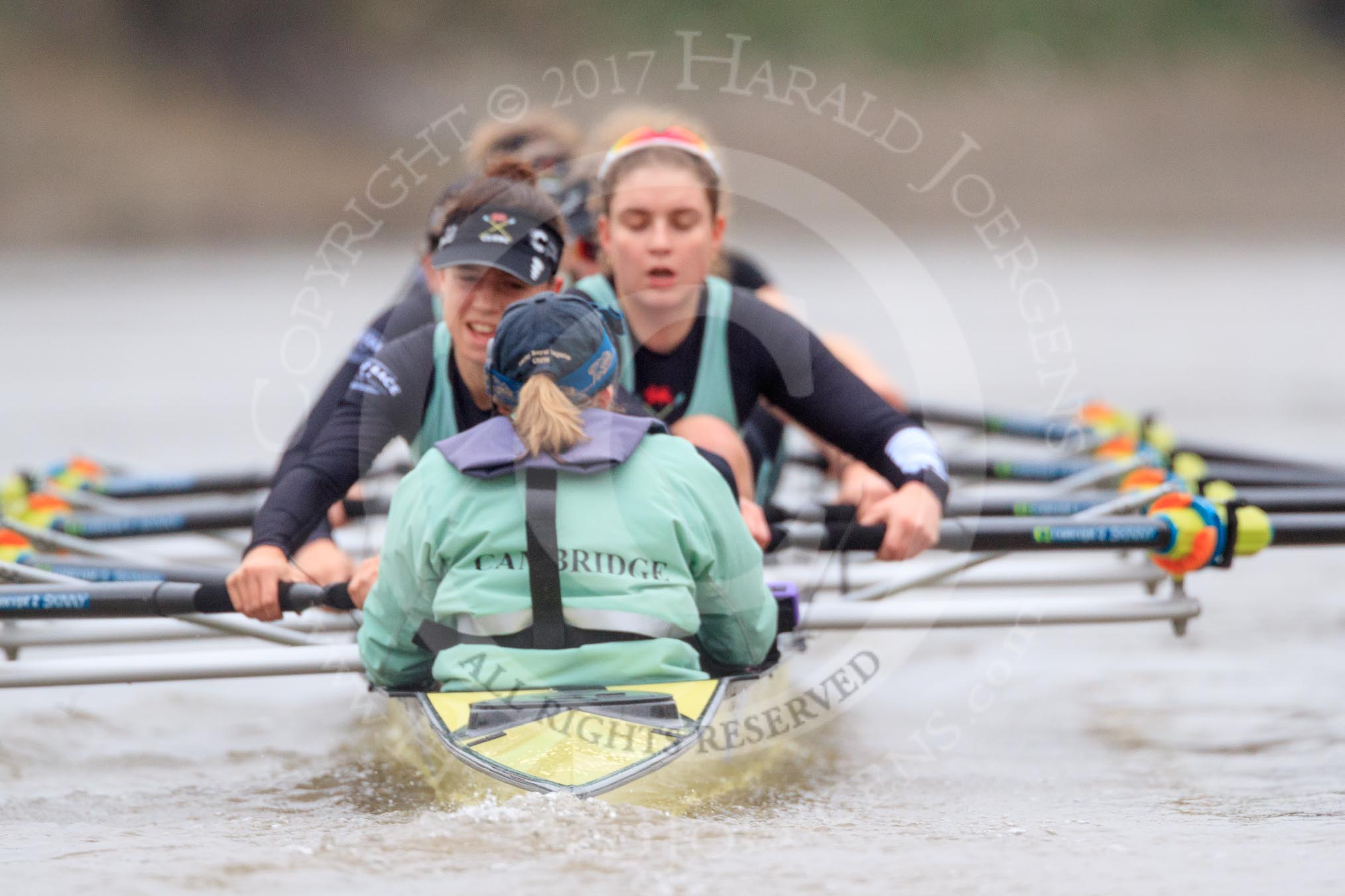 The Boat Race season 2018 - Women's Boat Race Trial Eights (CUWBC, Cambridge): Wingardium Leviosa:  Cox-Sophie Wrixon, stroke-Imogen Grant, 7-Myriam Goudet-Boukhatmi, 6-Larkin Sayre, 5-Tricia Smith, 4-Emma Andrews, 3-Pippa Darkin, 2-Sarah Carlotti, bow-Lucy Pike.
River Thames between Putney Bridge and Mortlake,
London SW15,

United Kingdom,
on 05 December 2017 at 12:59, image #162