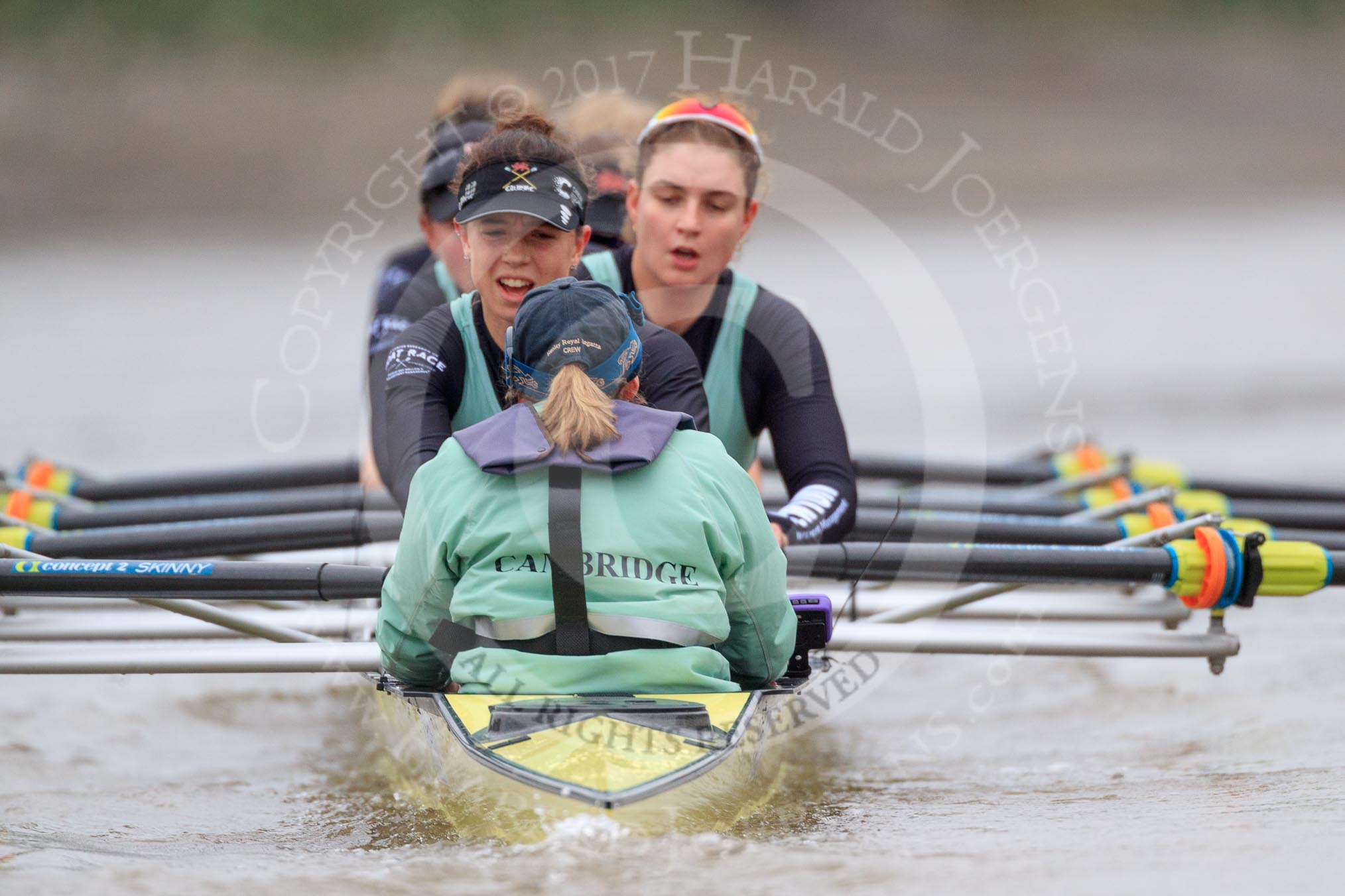 The Boat Race season 2018 - Women's Boat Race Trial Eights (CUWBC, Cambridge): Wingardium Leviosa:  Cox-Sophie Wrixon, stroke-Imogen Grant, 7-Myriam Goudet-Boukhatmi, 6-Larkin Sayre, 5-Tricia Smith, 4-Emma Andrews, 3-Pippa Darkin, 2-Sarah Carlotti, bow-Lucy Pike.
River Thames between Putney Bridge and Mortlake,
London SW15,

United Kingdom,
on 05 December 2017 at 12:59, image #163