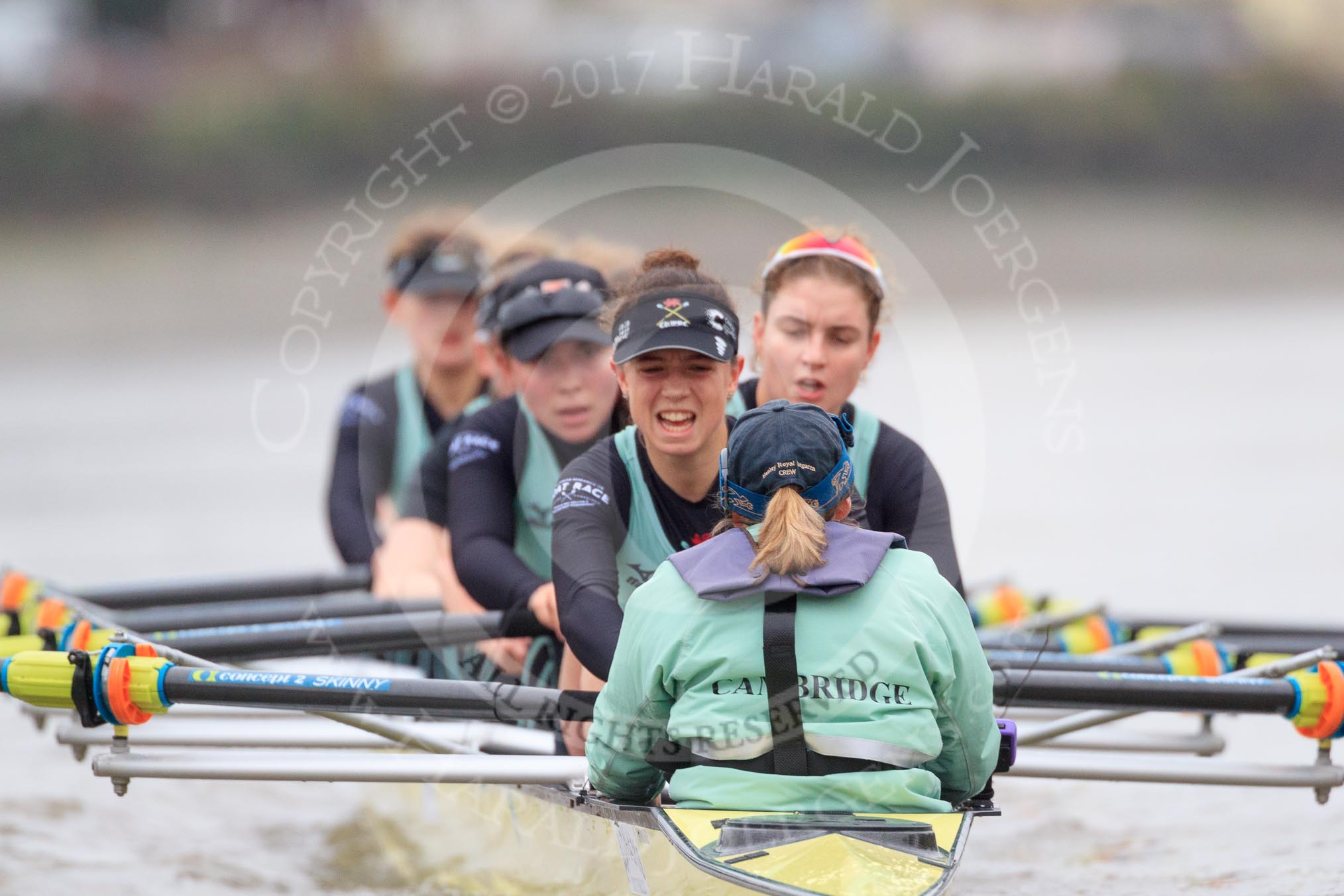 The Boat Race season 2018 - Women's Boat Race Trial Eights (CUWBC, Cambridge): Wingardium Leviosa:  Cox-Sophie Wrixon, stroke-Imogen Grant, 7-Myriam Goudet-Boukhatmi, 6-Larkin Sayre, 5-Tricia Smith, 4-Emma Andrews, 3-Pippa Darkin, 2-Sarah Carlotti, bow-Lucy Pike.
River Thames between Putney Bridge and Mortlake,
London SW15,

United Kingdom,
on 05 December 2017 at 13:00, image #165