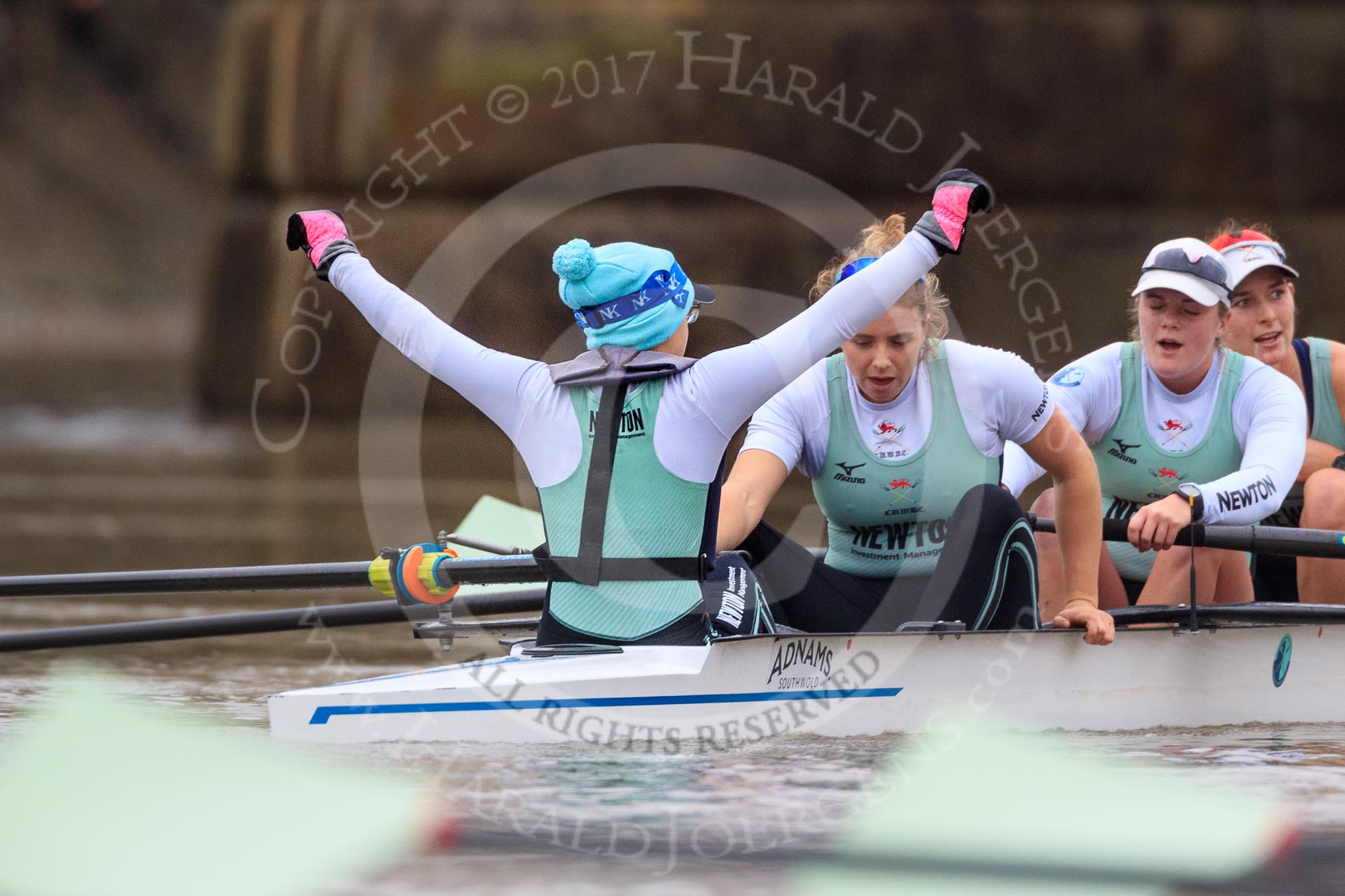 Photo 1712051401101X21178HaraldJoergens The Boat Race season 2018 - Women's Boat Race Trial Eights (CUWBC, Cambridge): Expecto Patronum just after crossing the finish line, and winning by two length: Cox Sophie Shapter, stroke Alice White, 7 Abigail Parker, 6 Thea Zabell.
River Thames between Putney Bridge and Mortlake,
London SW15,
United Kingdom,
on 05 December 2017 at 13:02, image #174